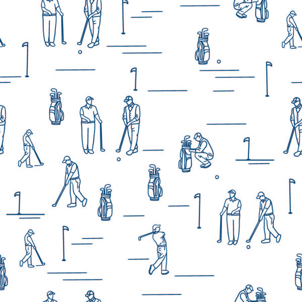 white_A wallpaper featuring various illustrated golfers and golfing equipment, such as golf bags, tees, and clubs, on a white background.