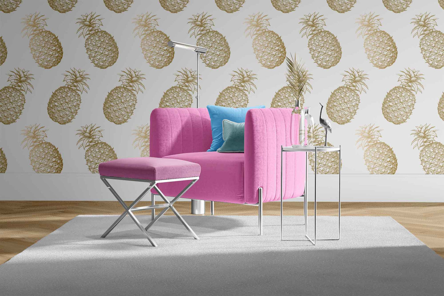 white_This image displays a wallpaper featuring a pattern of golden pineapples set against a white background. Each pineapple is intricately designed, showcasing detailed textures and a vibrant golden hue that pops against the white backdrop.