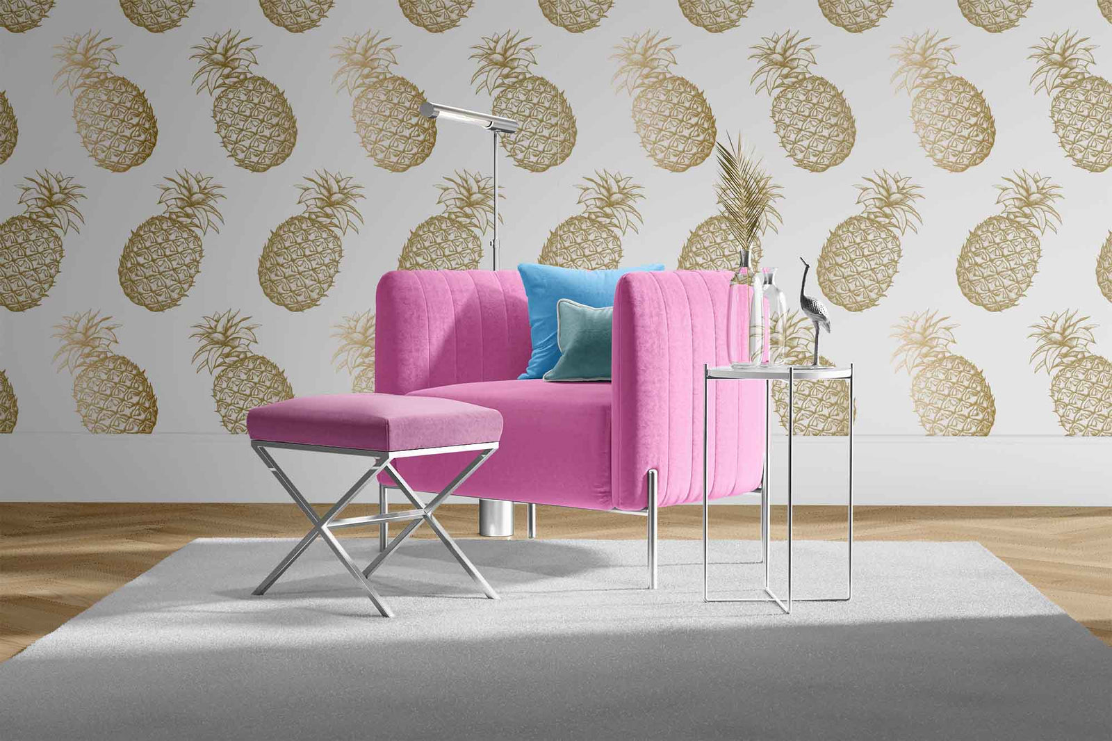 white_This image displays a wallpaper featuring a pattern of golden pineapples set against a white background. Each pineapple is intricately designed, showcasing detailed textures and a vibrant golden hue that pops against the white backdrop.