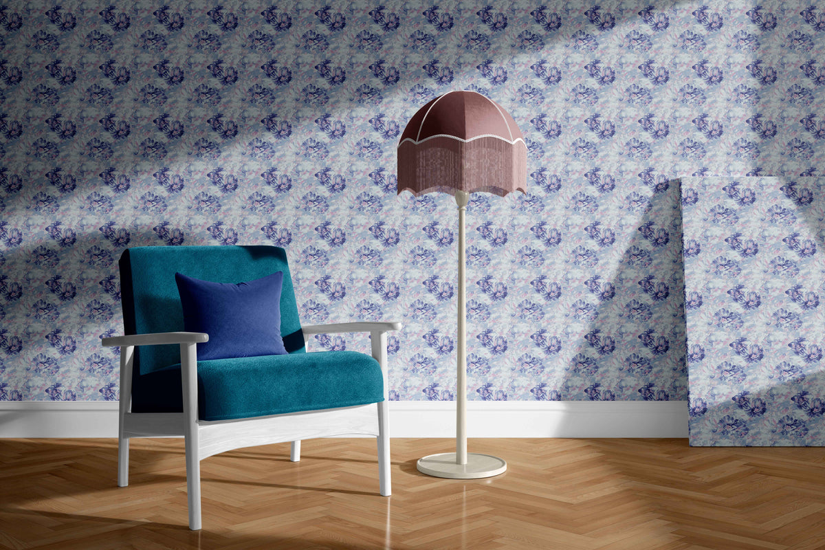 purple_wall paper showcasing a floral pattern with large flowers in shades of blue, pink, and purple.