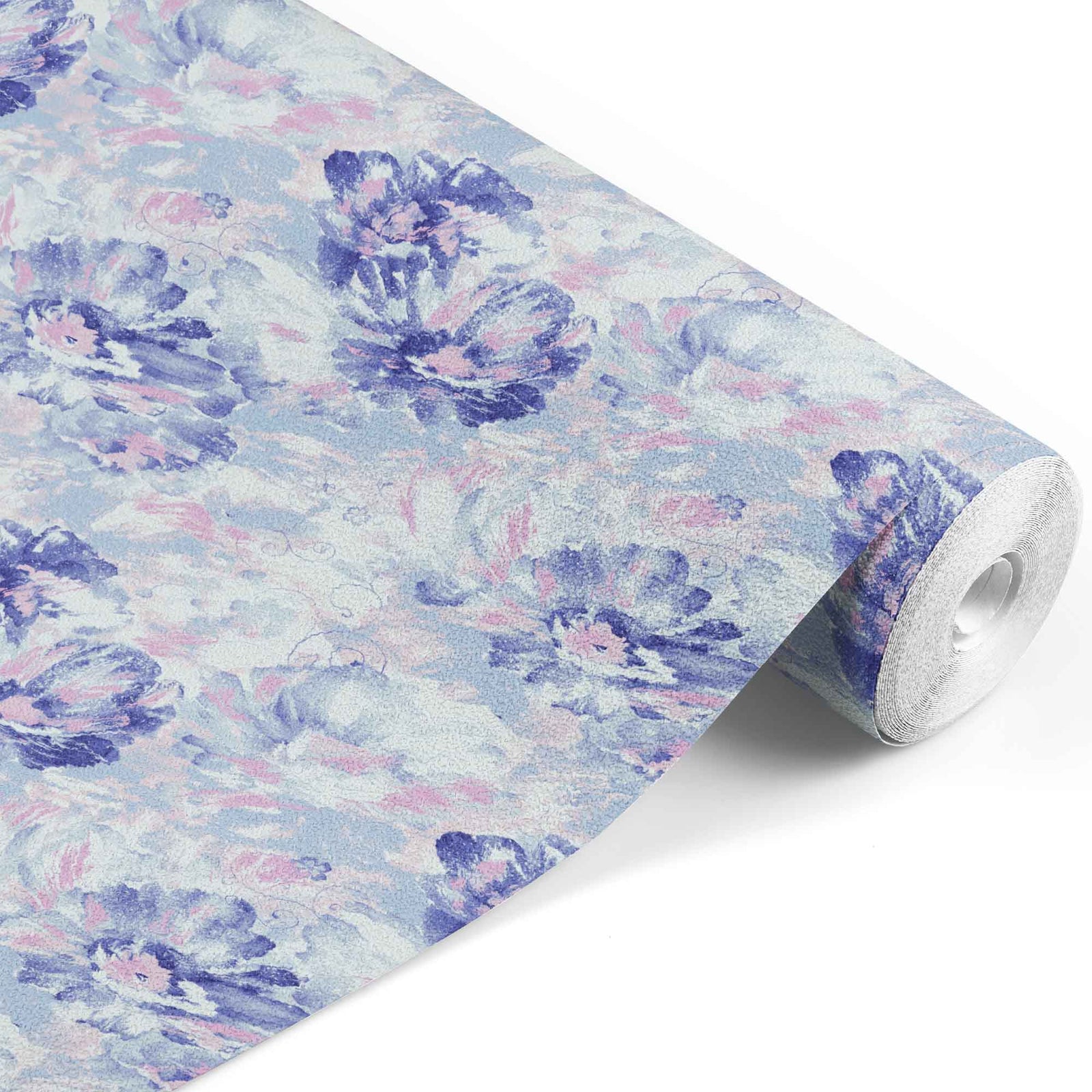 purple_wall paper showcasing a floral pattern with large flowers in shades of blue, pink, and purple.