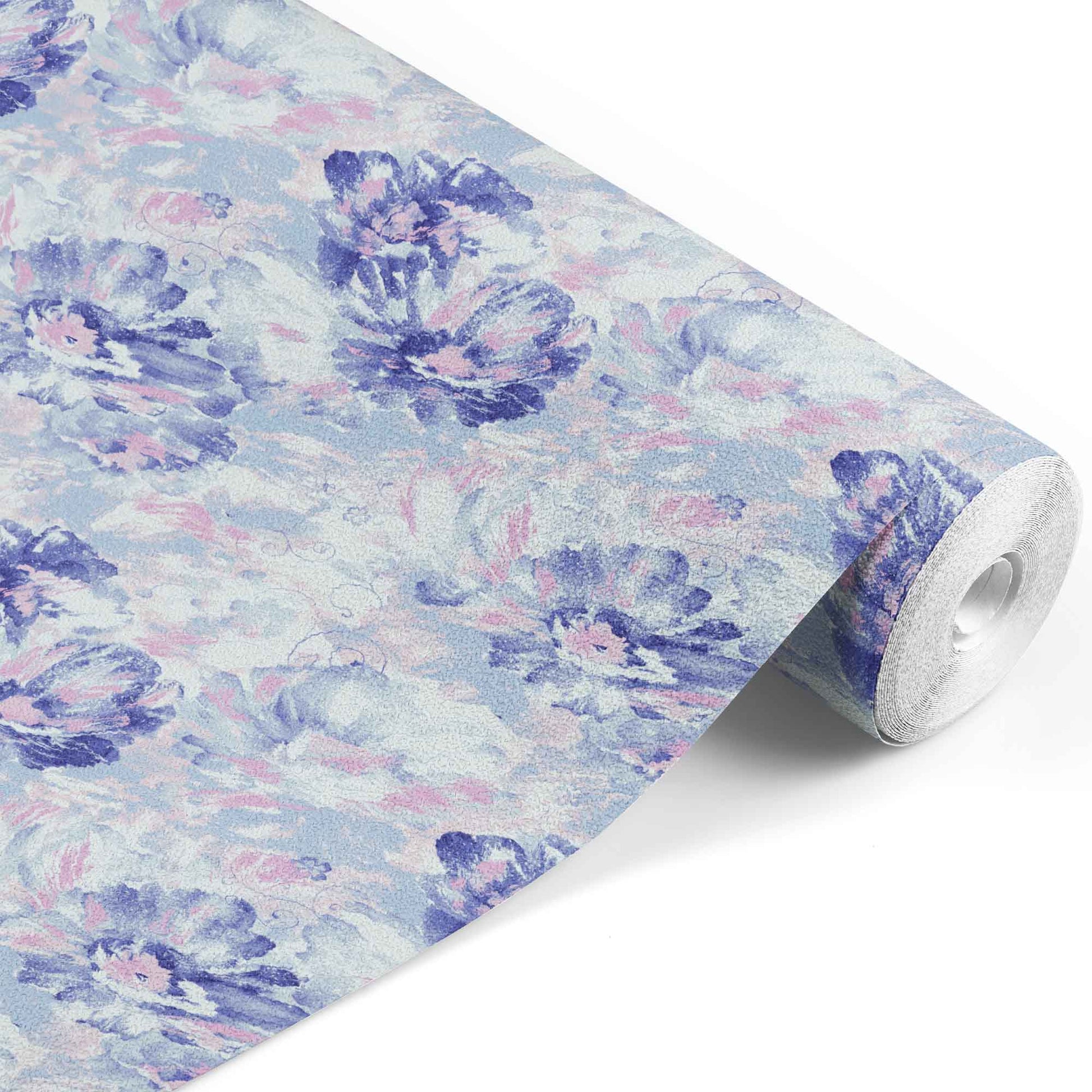 purple_wall paper showcasing a floral pattern with large flowers in shades of blue, pink, and purple.
