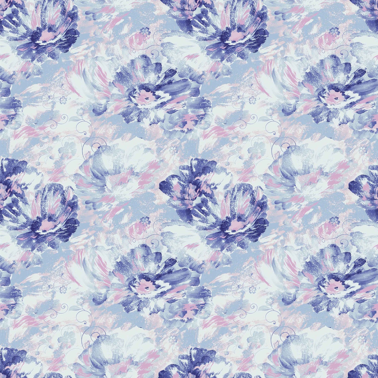 purple_wall paper showcasing a floral pattern with large flowers in shades of blue, pink, and purple.