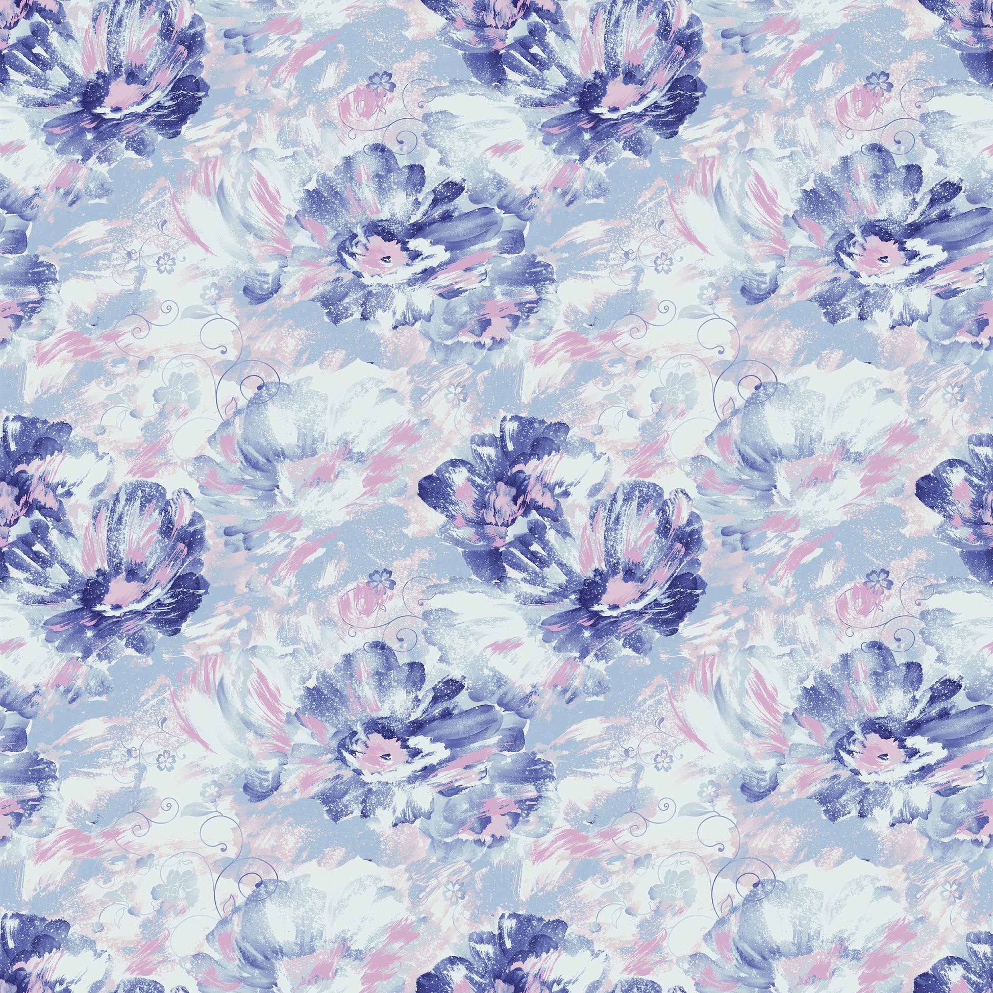 purple_wall paper showcasing a floral pattern with large flowers in shades of blue, pink, and purple.