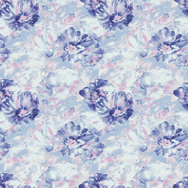 purple_wall paper showcasing a floral pattern with large flowers in shades of blue, pink, and purple.