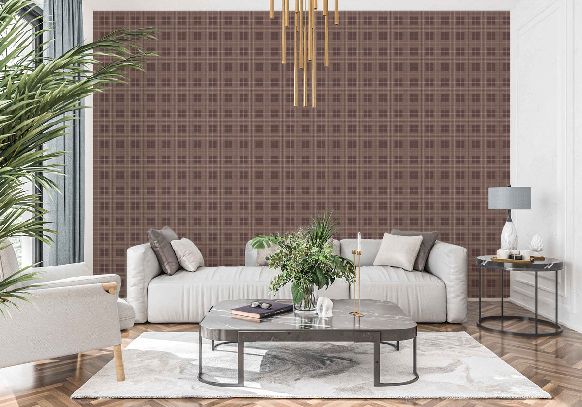 brown_A seamless pattern wallpaper featuring a traditional plaid design in brown, tan, and white colors.