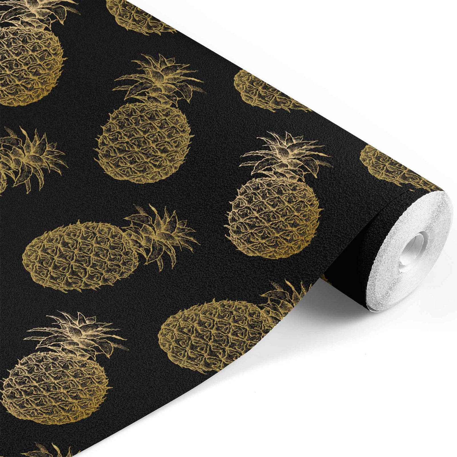 black_This image displays a wallpaper featuring a pattern of golden pineapples set against a dark background. Each pineapple is intricately designed, showcasing detailed textures and a vibrant golden hue that pops against the contrasting black backdrop.