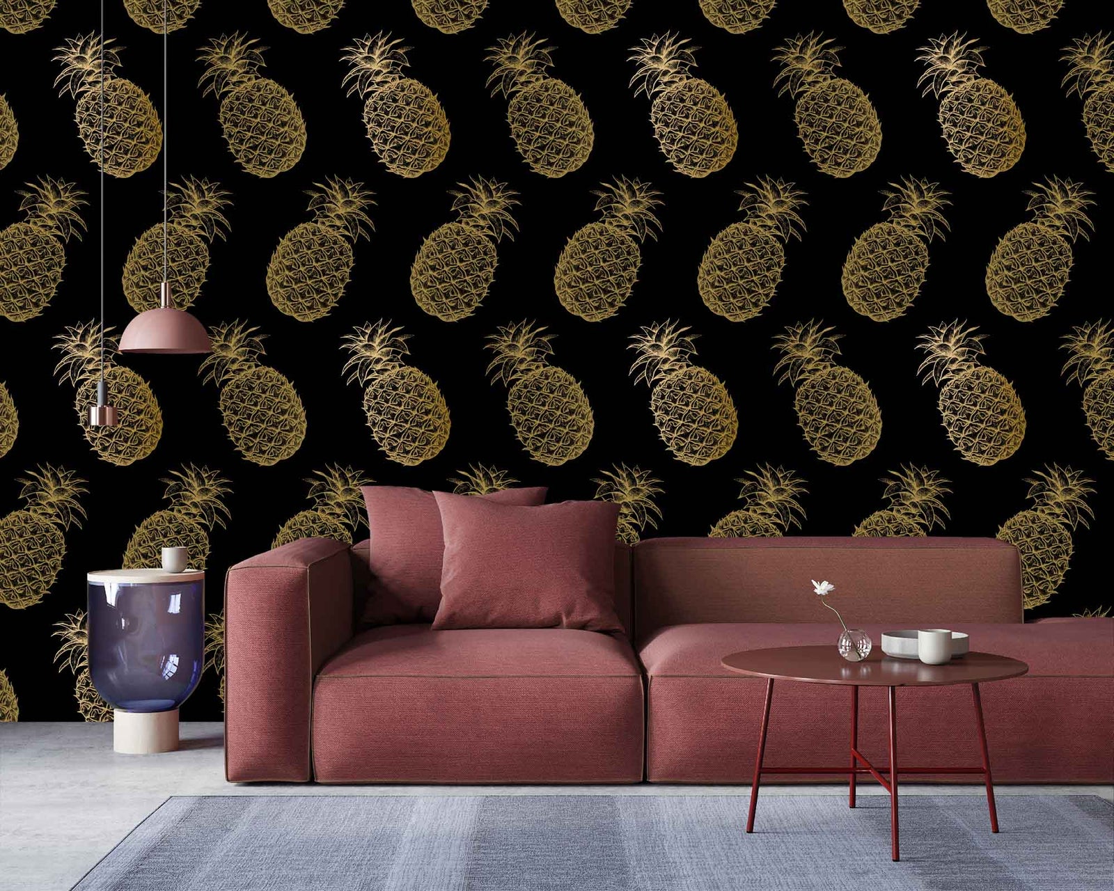 black_This image displays a wallpaper featuring a pattern of golden pineapples set against a dark background. Each pineapple is intricately designed, showcasing detailed textures and a vibrant golden hue that pops against the contrasting black backdrop.