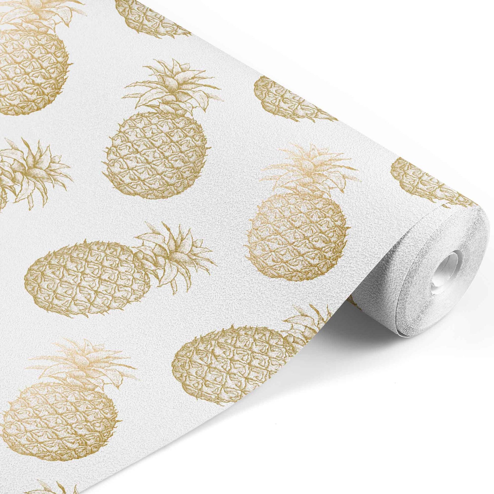 white_This image displays a wallpaper featuring a pattern of golden pineapples set against a white background. Each pineapple is intricately designed, showcasing detailed textures and a vibrant golden hue that pops against the white backdrop.