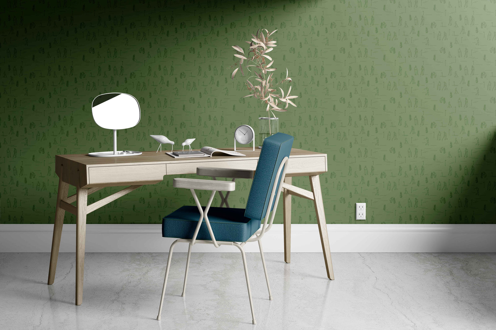 green_A wallpaper featuring various illustrated golfers and golfing equipment, such as golf bags, tees, and clubs, on a green background.