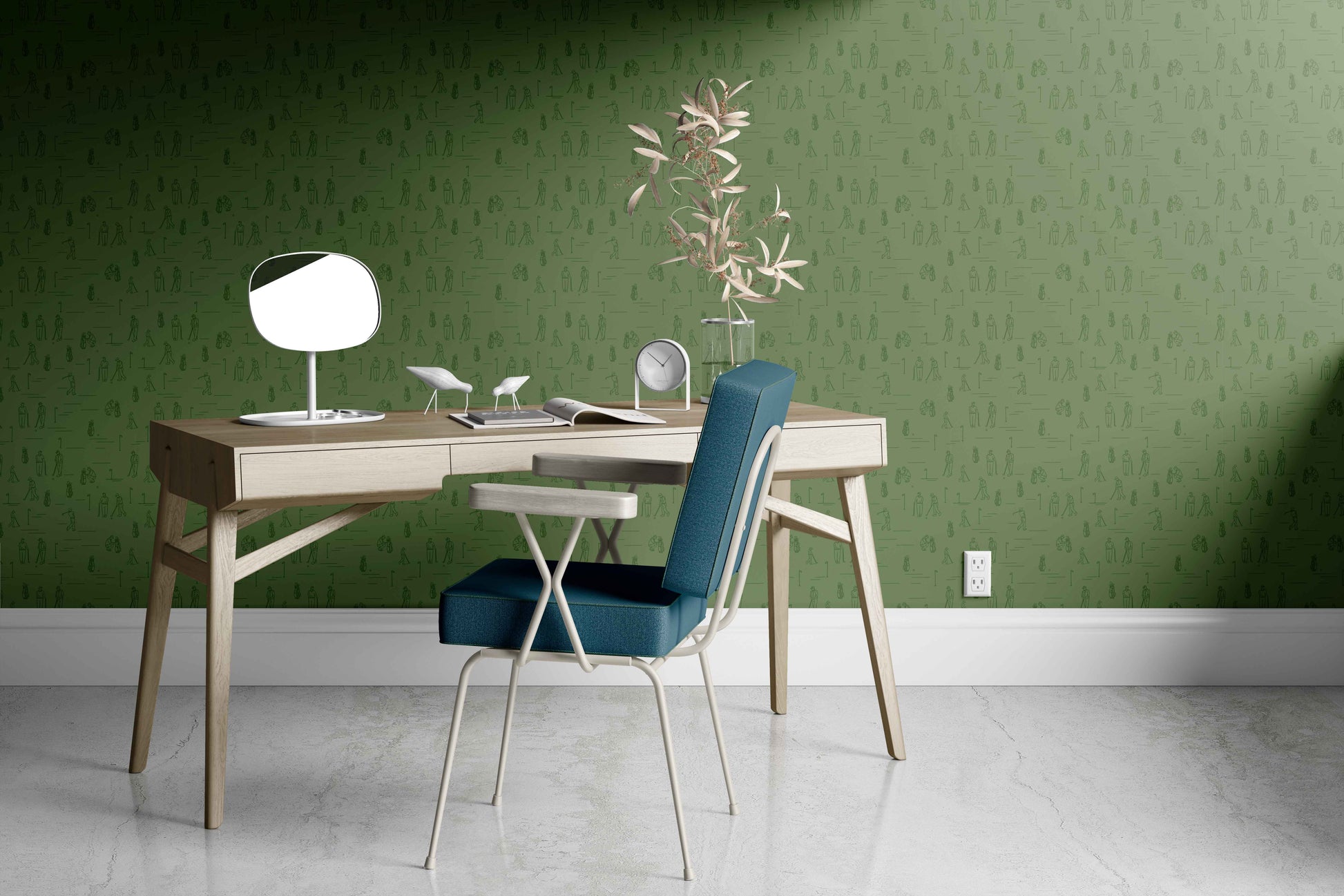 green_A wallpaper featuring various illustrated golfers and golfing equipment, such as golf bags, tees, and clubs, on a green background.