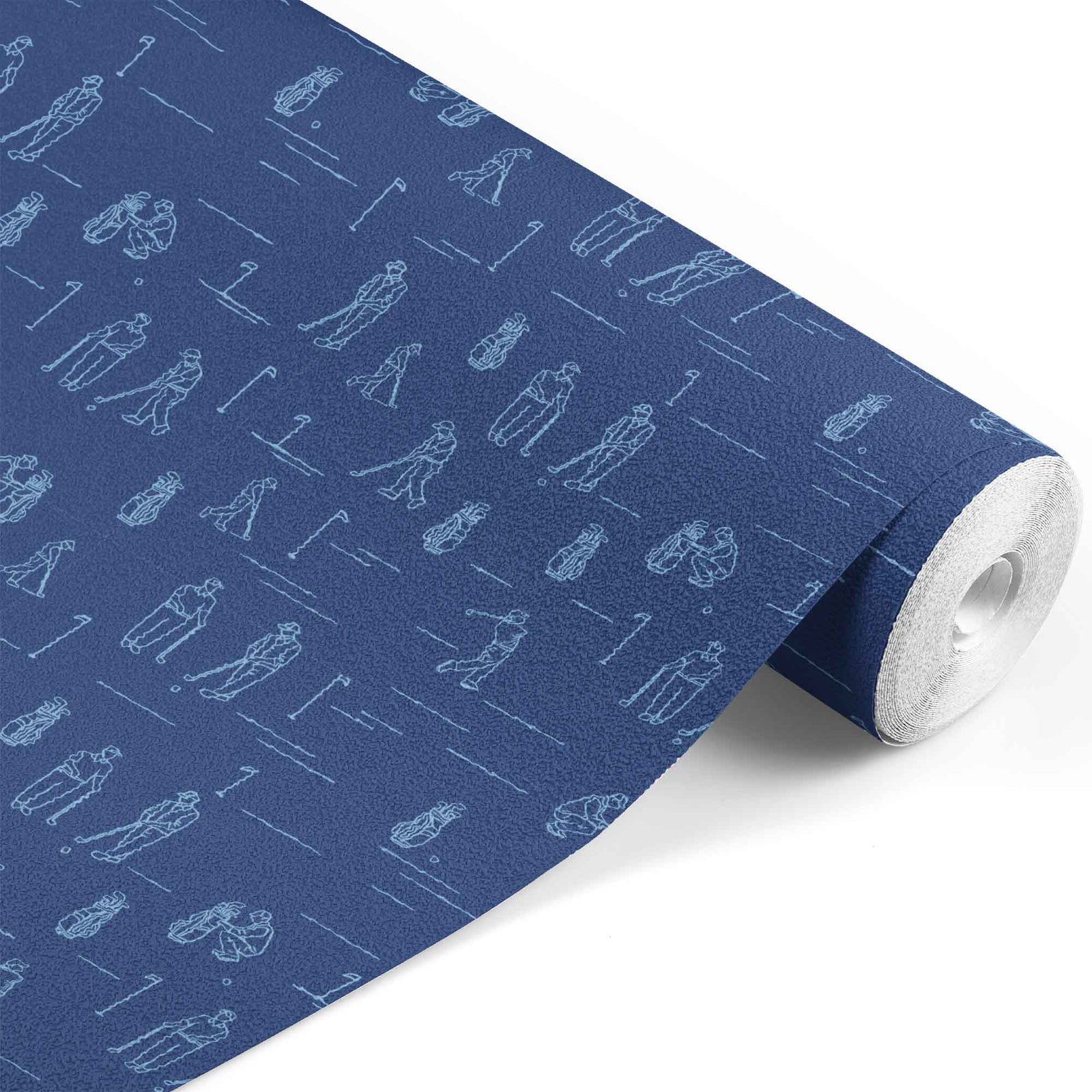 blue_A wallpaper featuring various illustrated golfers and golfing equipment, such as golf bags, tees, and clubs, on a blue background.