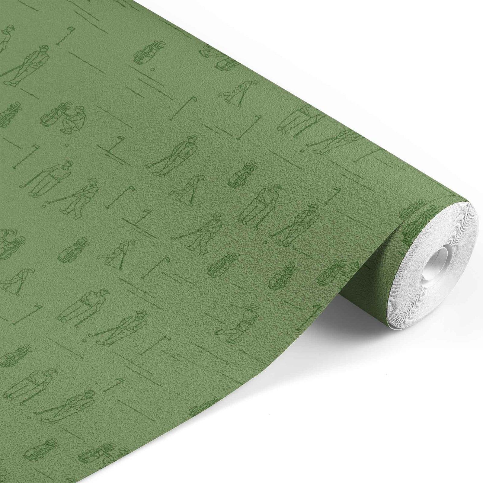 green_A wallpaper featuring various illustrated golfers and golfing equipment, such as golf bags, tees, and clubs, on a green background.