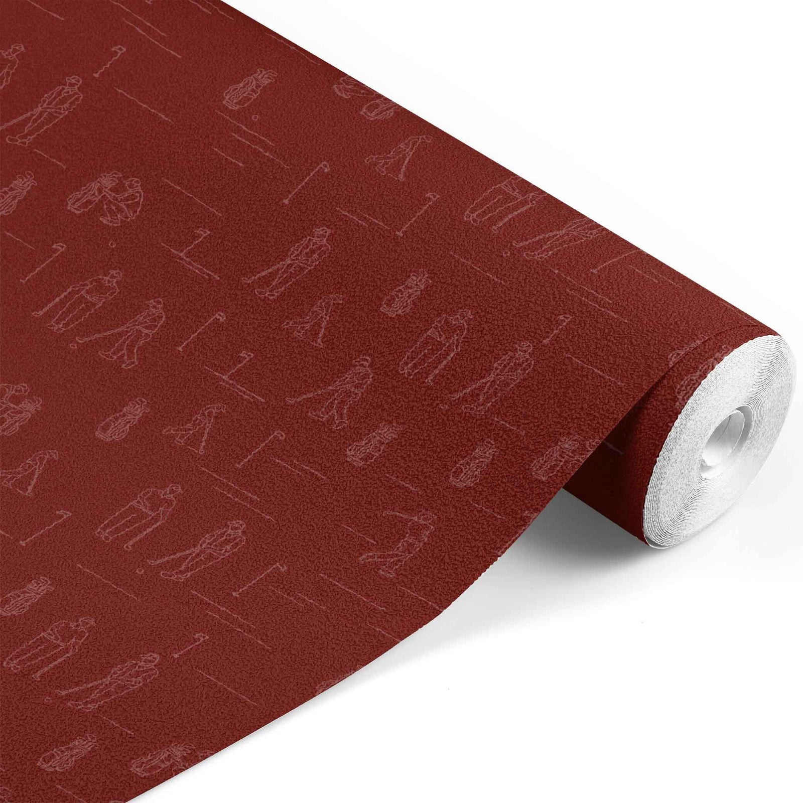 red_A wallpaper featuring various illustrated golfers and golfing equipment, such as golf bags, tees, and clubs, on a red background.
