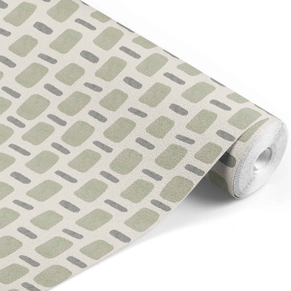 green_wallpaper with a geometric pattern featuring rectangles in a variety of colors including green, purple on a beige background.