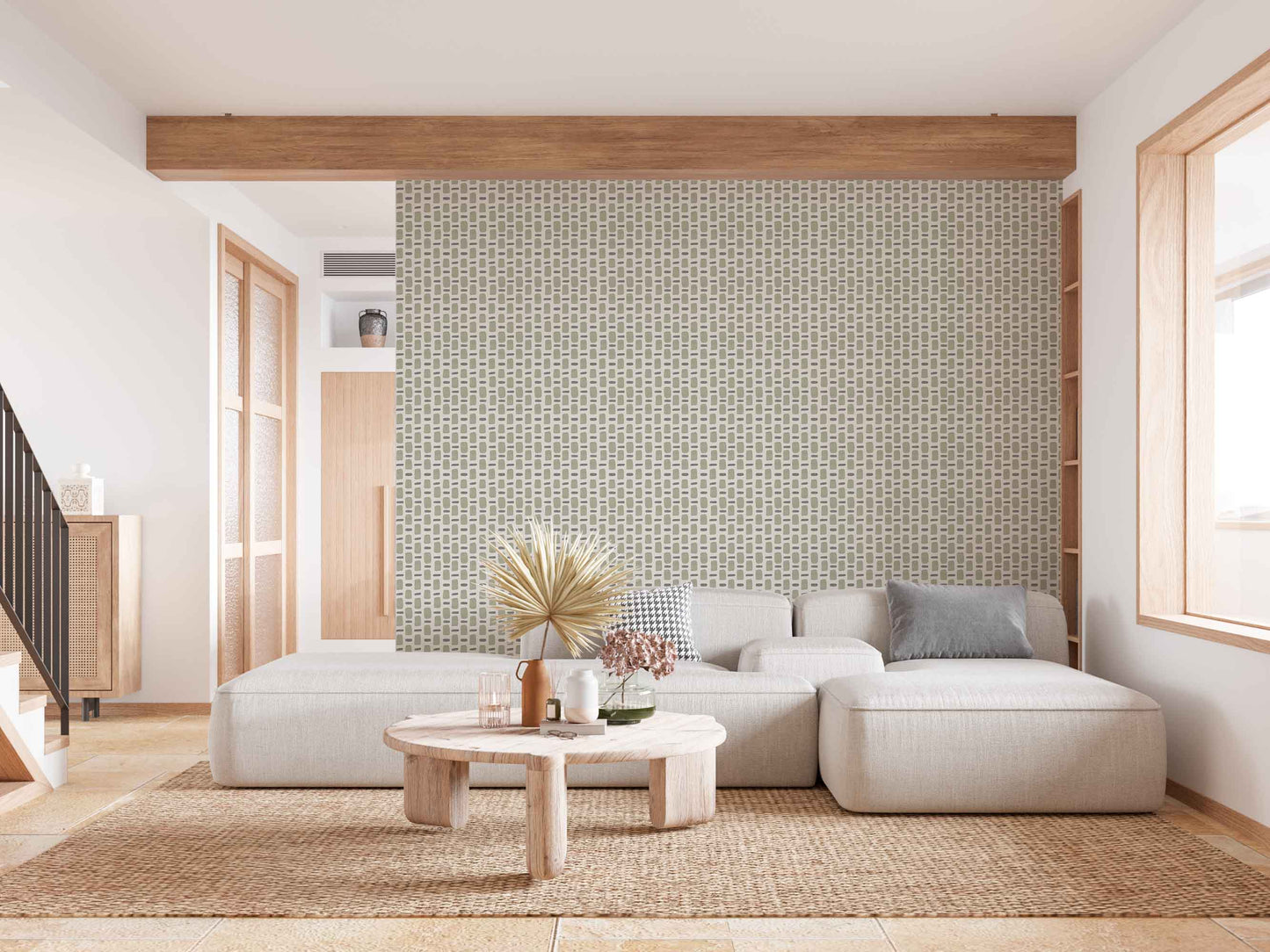green_wallpaper with a geometric pattern featuring rectangles in a variety of colors including green, purple on a beige background.