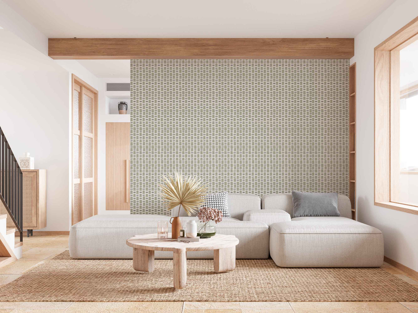 green_wallpaper with a geometric pattern featuring rectangles in a variety of colors including green, purple on a beige background.