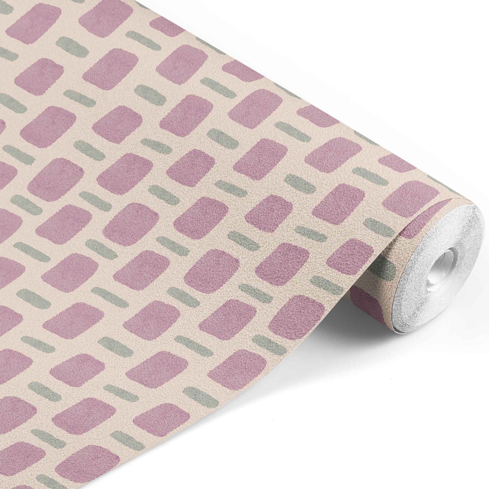 lilac_wallpaper with a geometric pattern featuring rectangles in a variety of colors including green, purple on a beige background.
