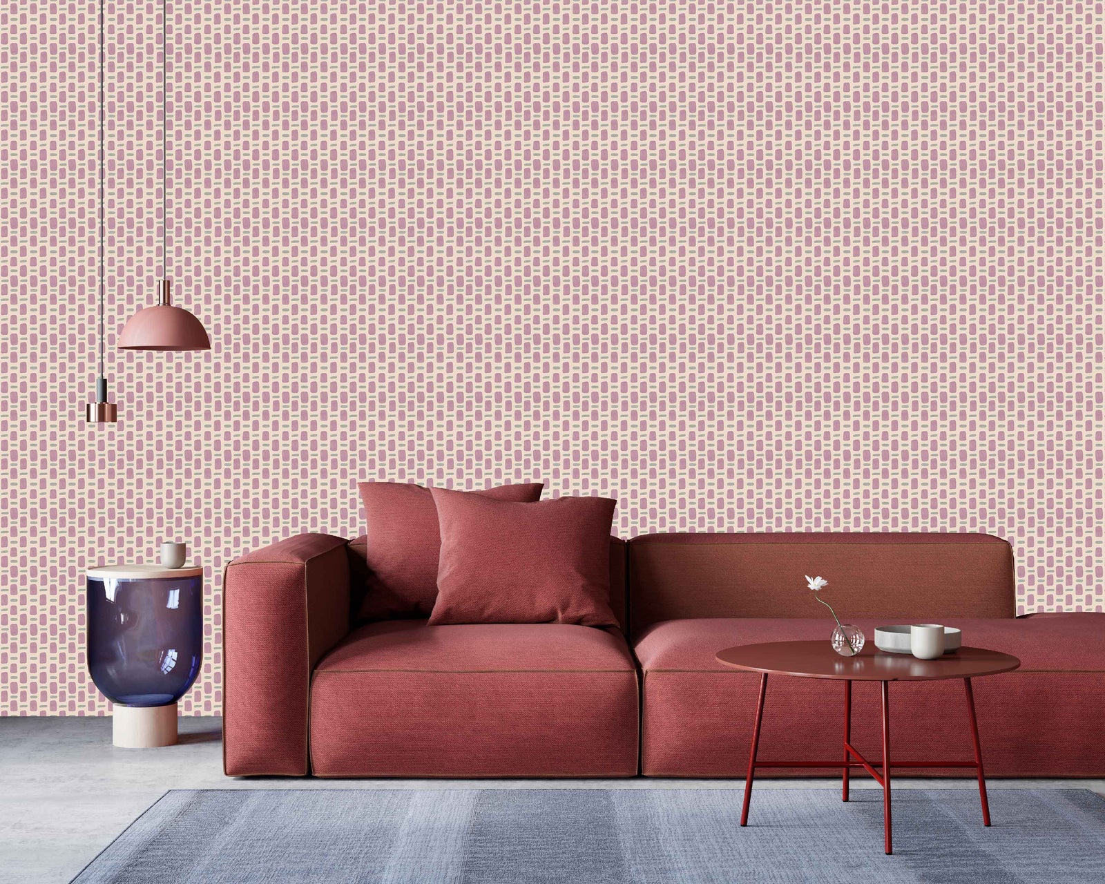 lilac_wallpaper with a geometric pattern featuring rectangles in a variety of colors including green, purple on a beige background.