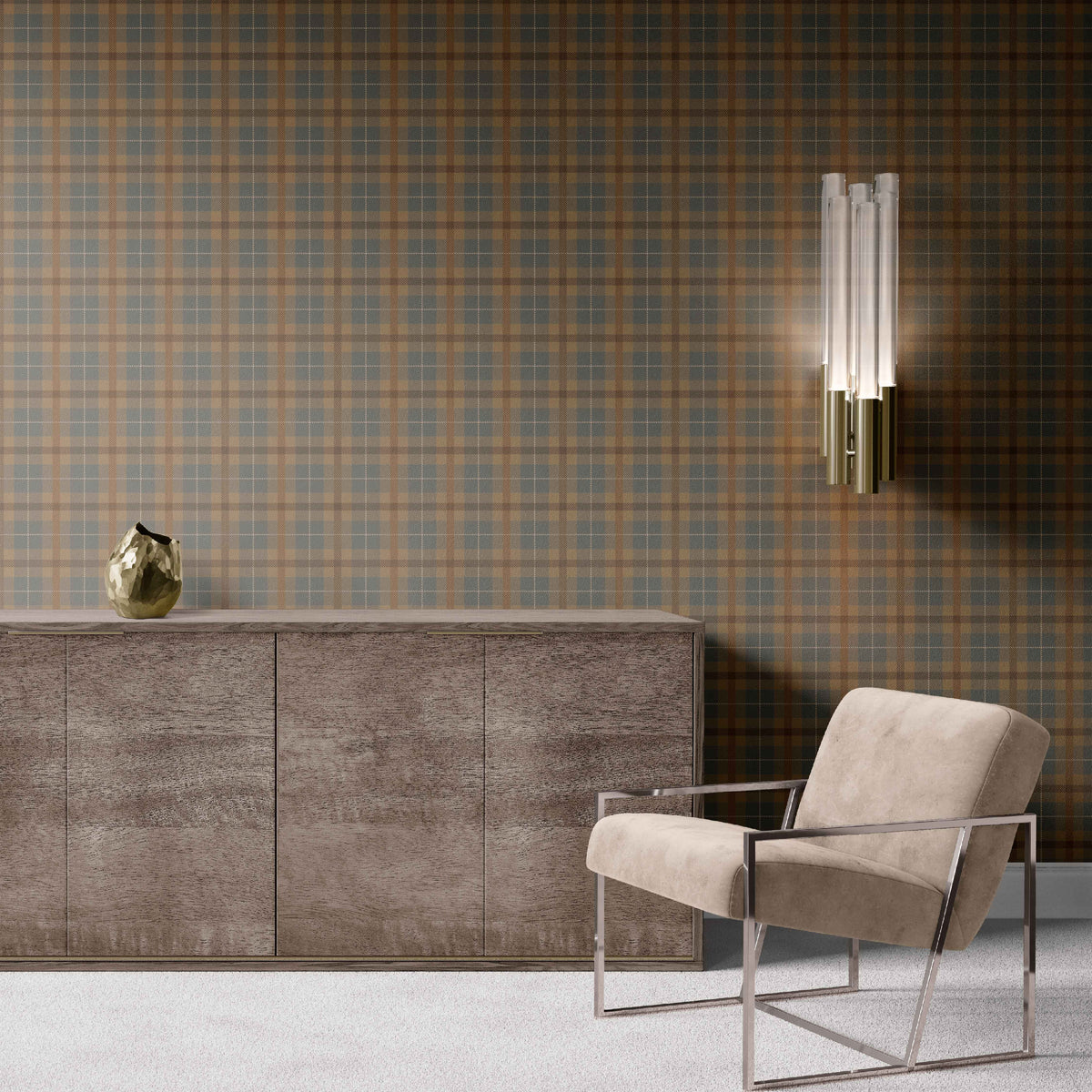 brown_plaid patterned wallpaper in shades of beige, gray, and brown.