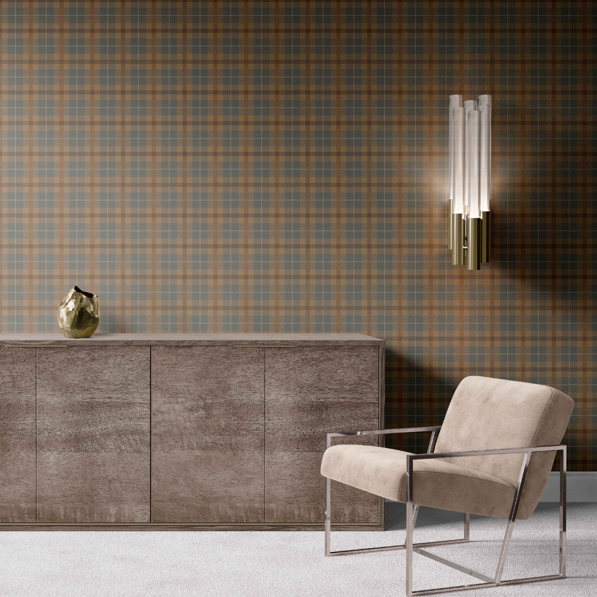 brown_plaid patterned wallpaper in shades of beige, gray, and brown.