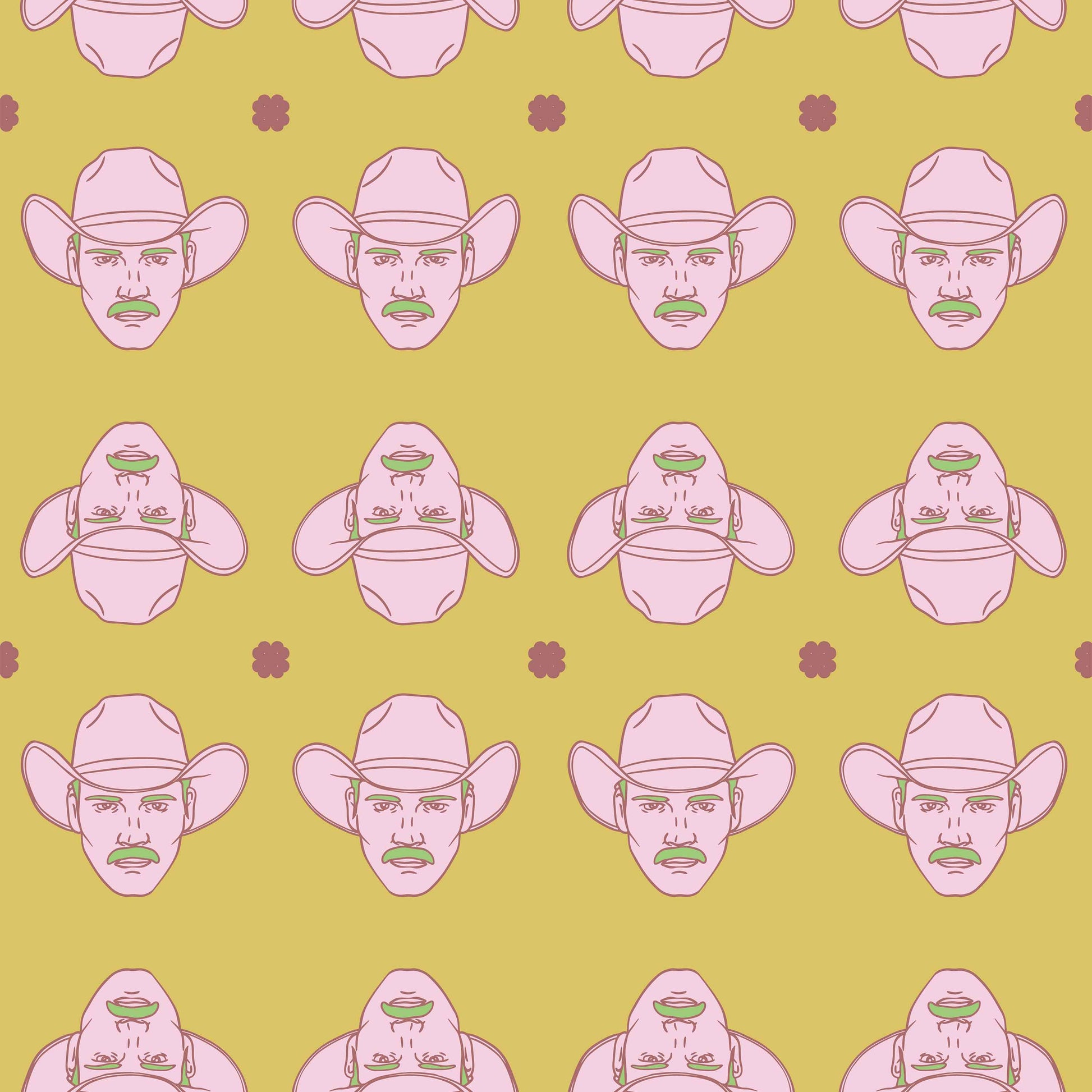 yellow_pink and green cowboys on a yellow background