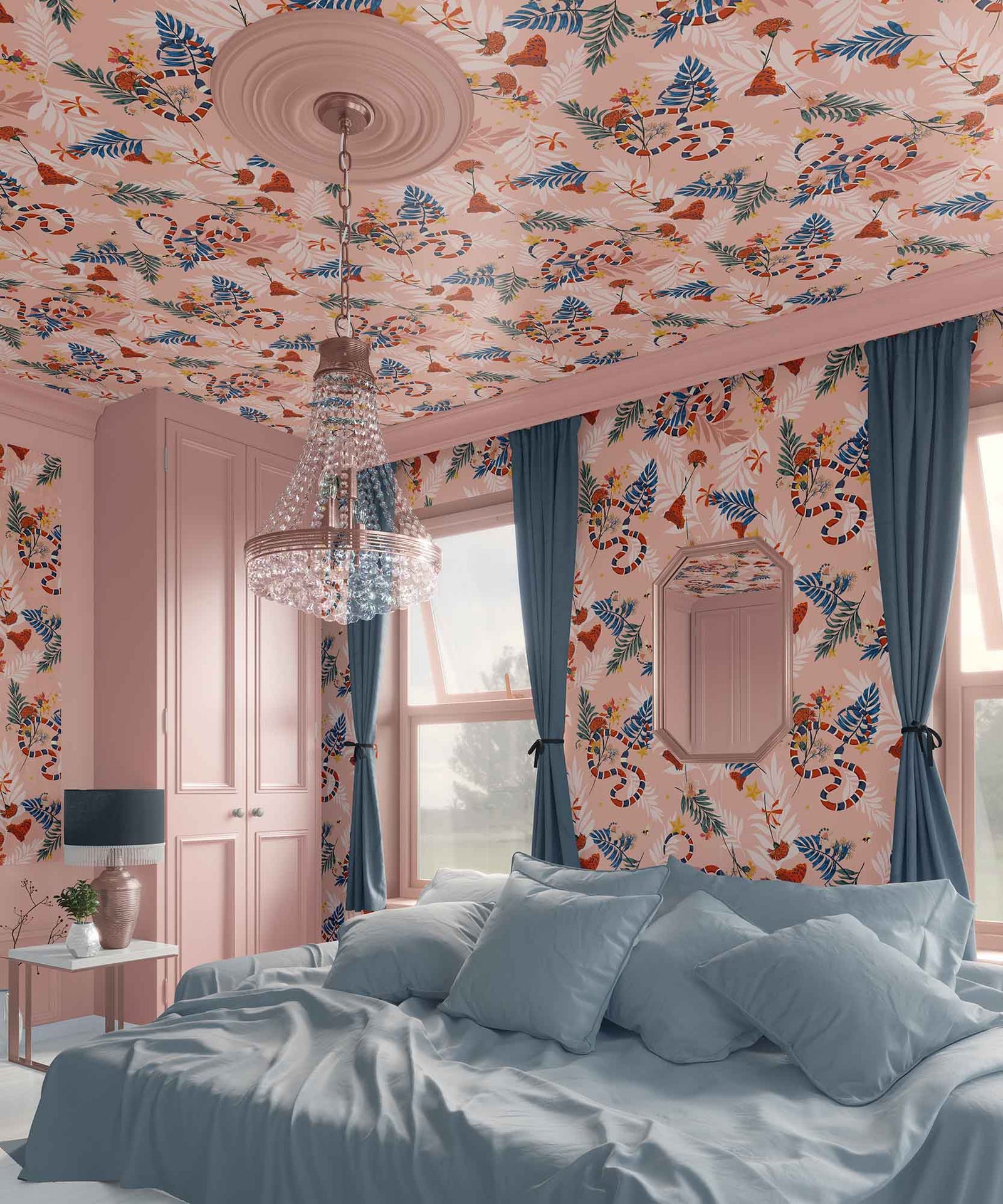 pink_A wallpaper featuring a pattern with colorful snakes, butterflies, and floral elements on a pink background.