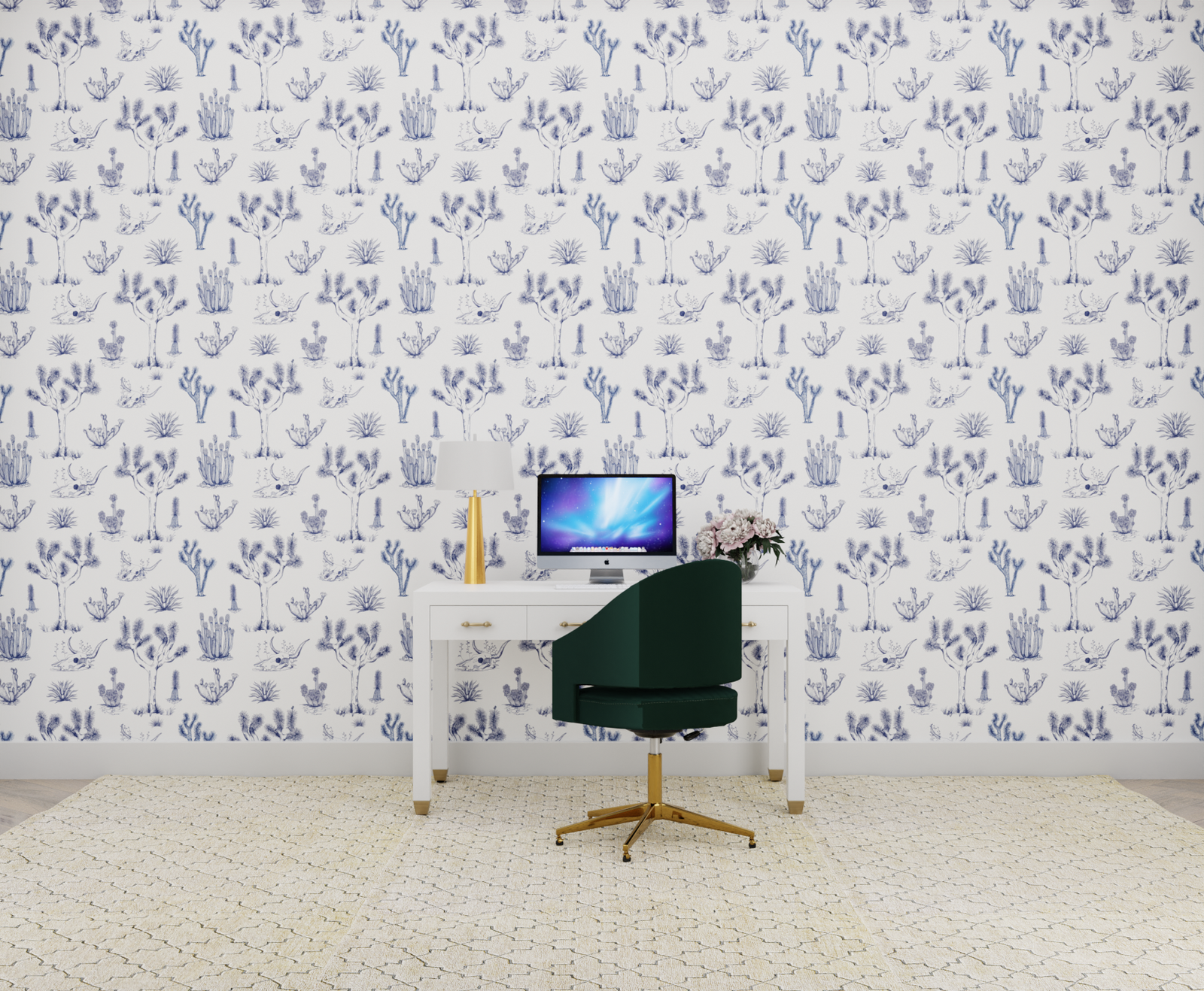blue_A wallpaper featuring a repeating pattern of hand-drawn illustrations of various desert plants and cacti in blue on a white background.