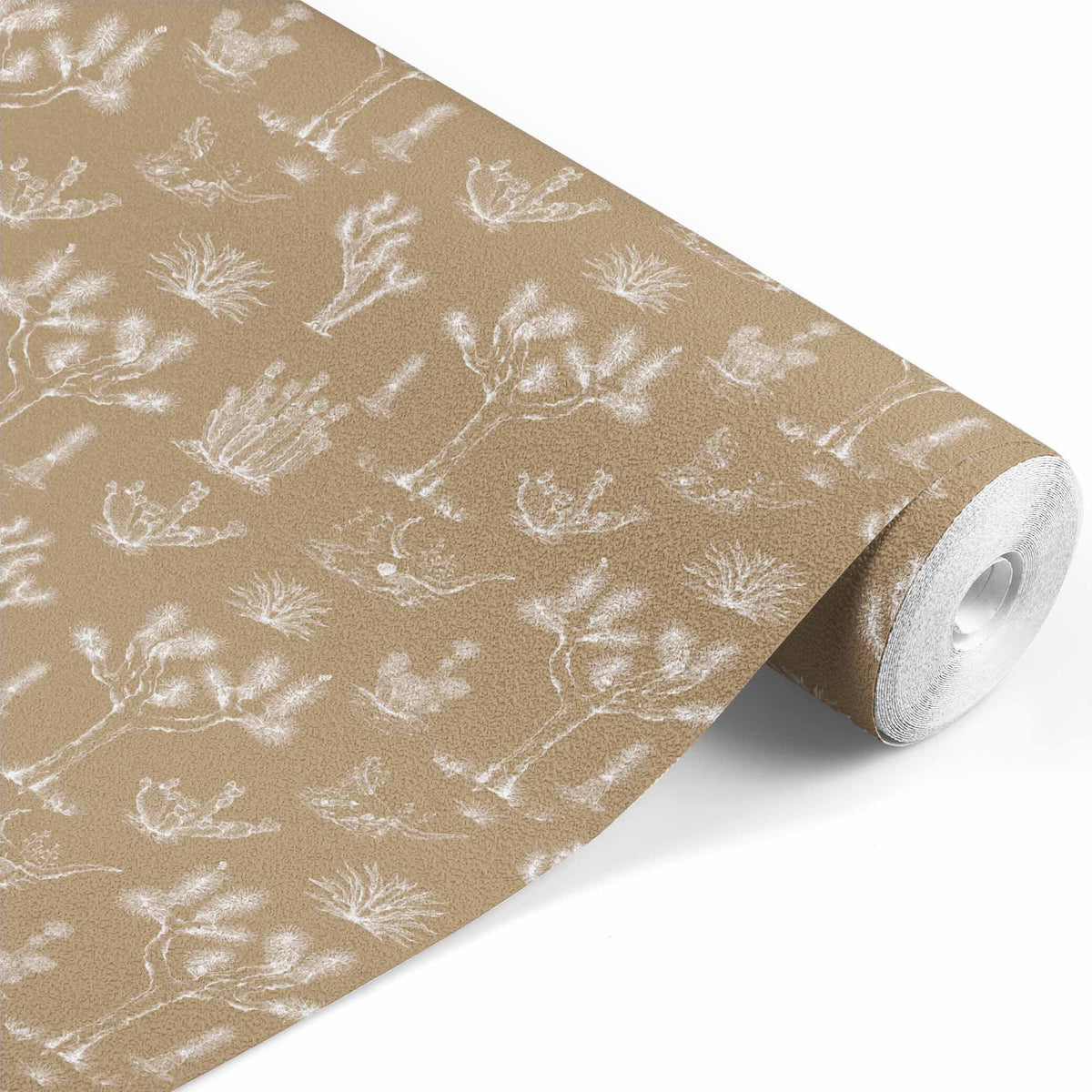 tan_A wallpaper featuring a repeating pattern of hand-drawn illustrations of various desert plants and cacti in white on a tan background.