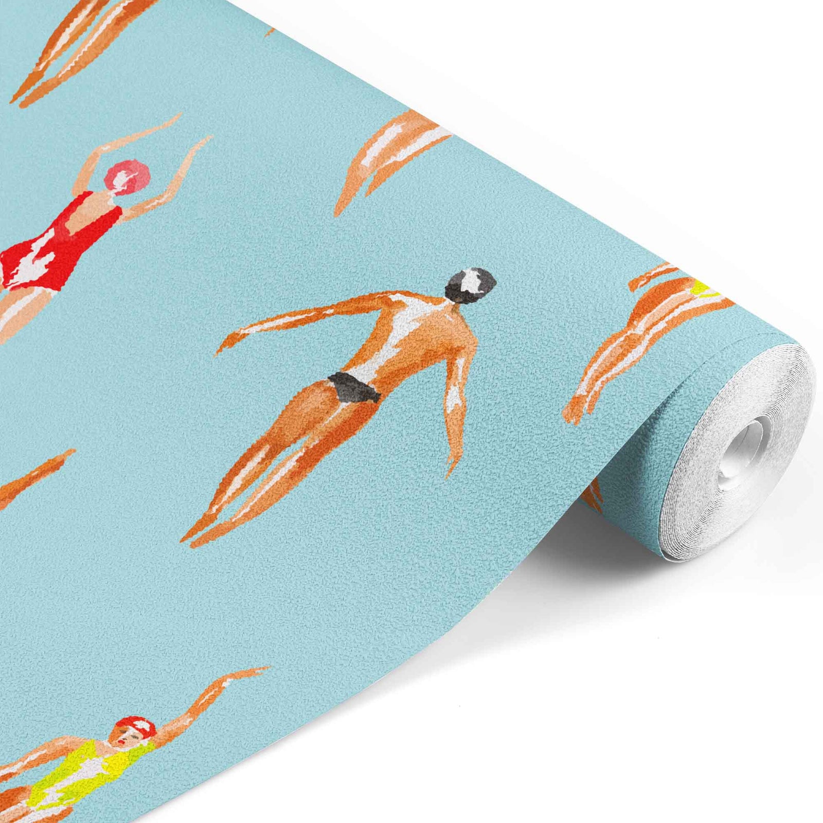 blue_A wallpaper featuring illustrated swimmers against a blue background.