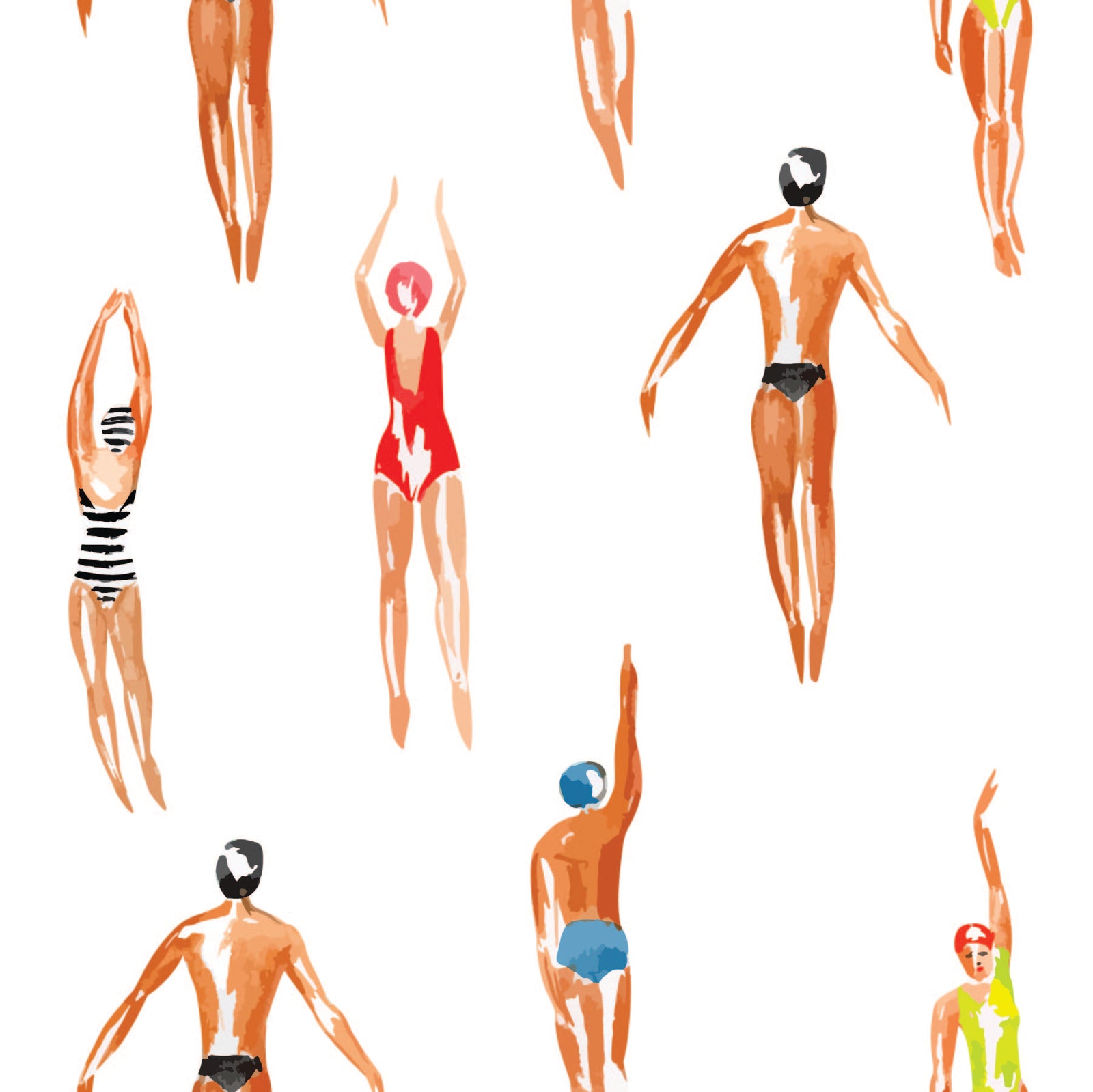 white_A wallpaper featuring illustrated swimmers against a white background.