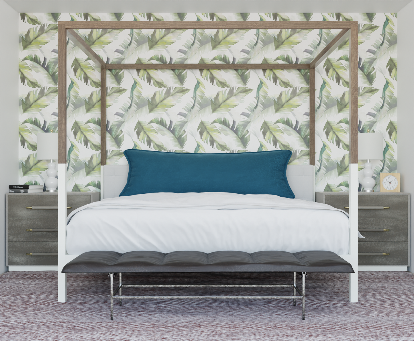 green_A wallpaper featuring a pattern of palm leaves in various shades of green, white, and yellow.