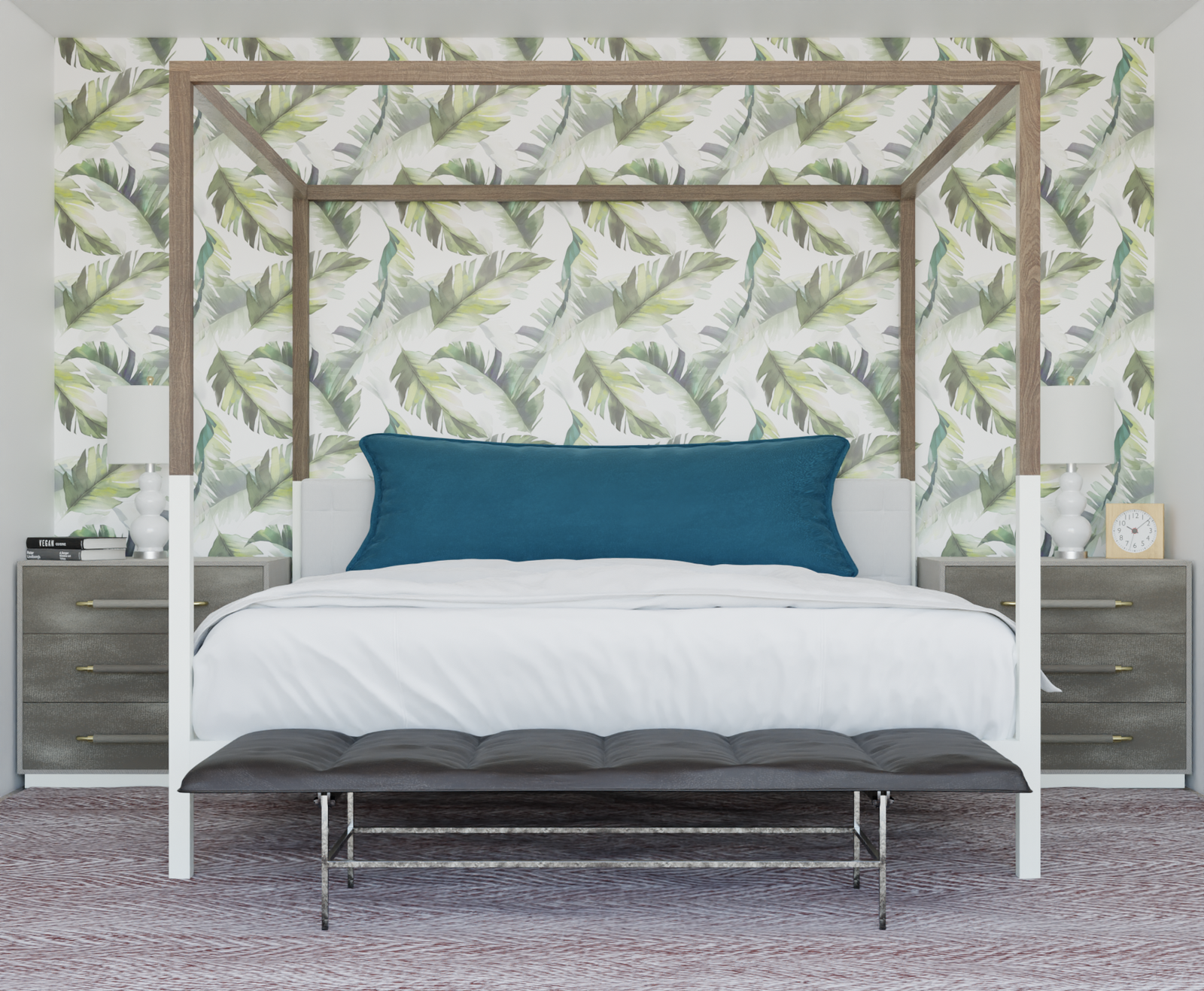 green_A wallpaper featuring a pattern of palm leaves in various shades of green, white, and yellow.