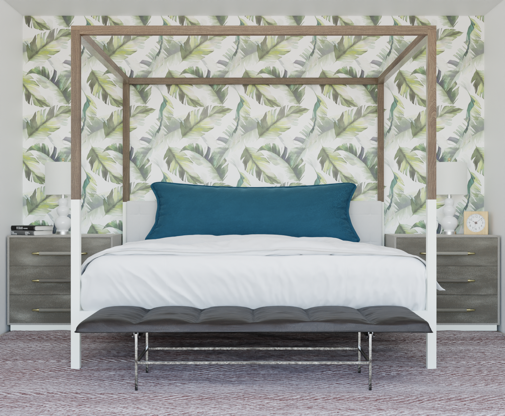 green_A wallpaper featuring a pattern of palm leaves in various shades of green, white, and yellow.