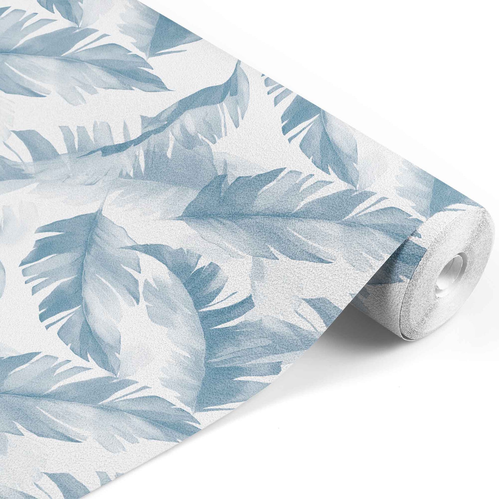 blue_A wallpaper featuring a pattern of palm leaves in various shades of blue and white