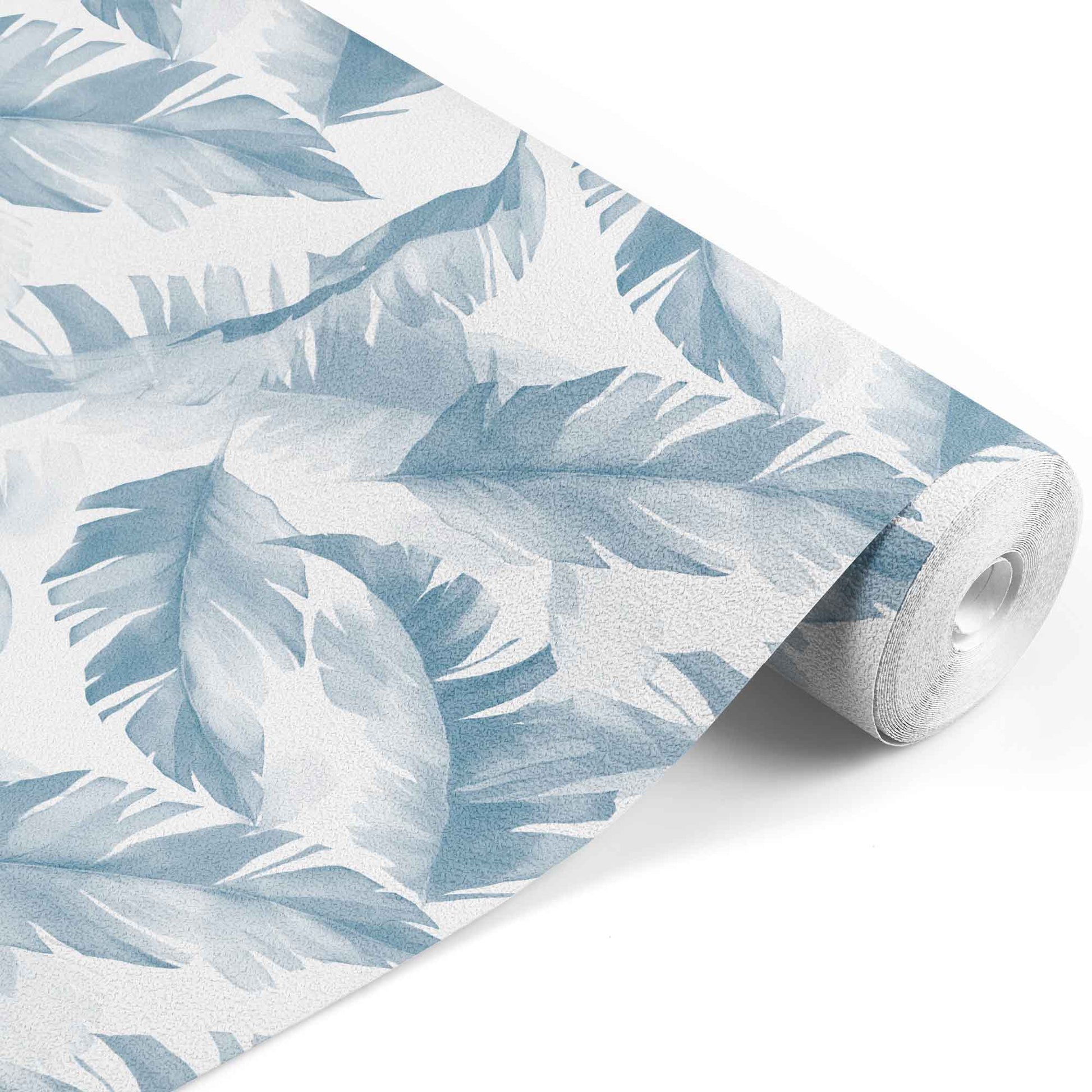 blue_A wallpaper featuring a pattern of palm leaves in various shades of blue and white