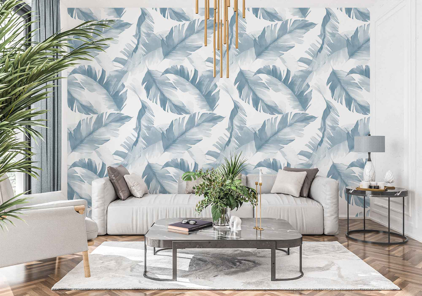 blue_A wallpaper featuring a pattern of palm leaves in various shades of blue and white