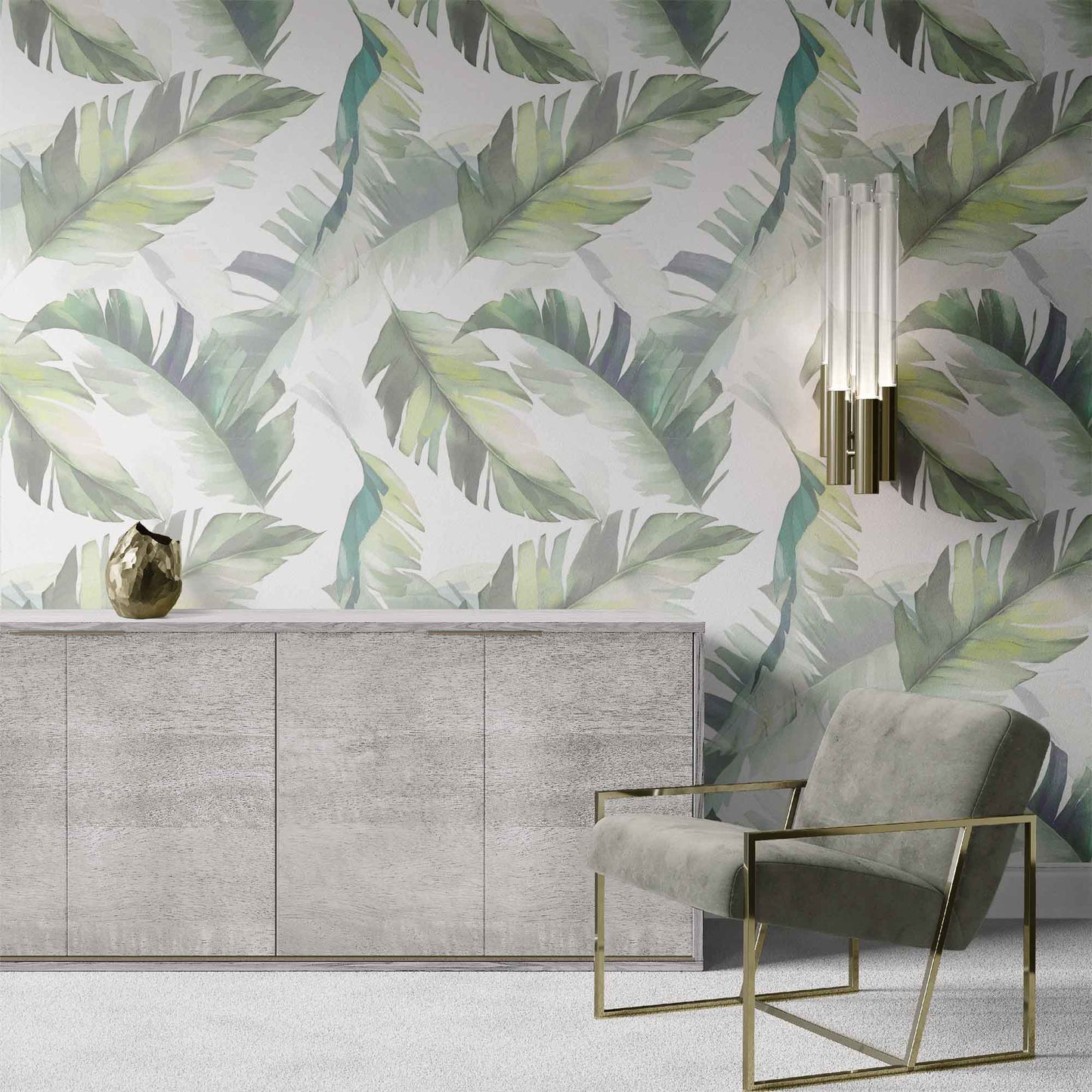green_A wallpaper featuring a pattern of palm leaves in various shades of green, white, and yellow.
