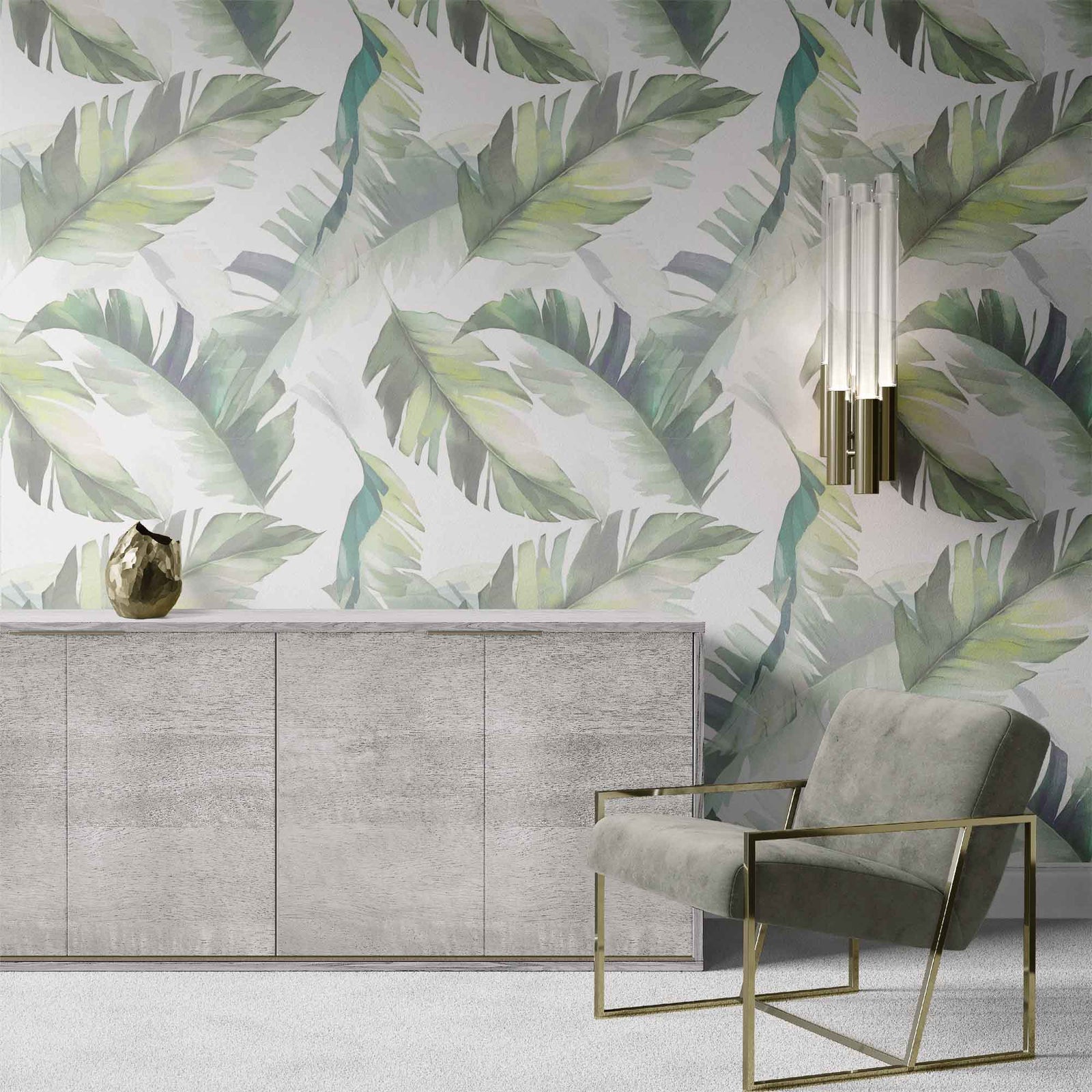 green_A wallpaper featuring a pattern of palm leaves in various shades of green, white, and yellow.