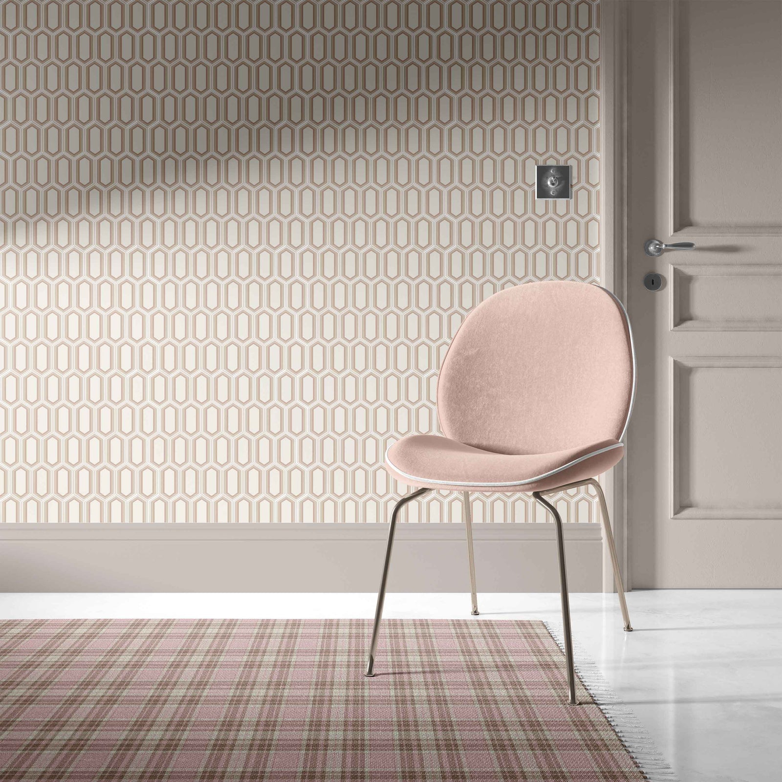 neutral_Pink chair in a room with geometric wallpaper and a plaid rug.