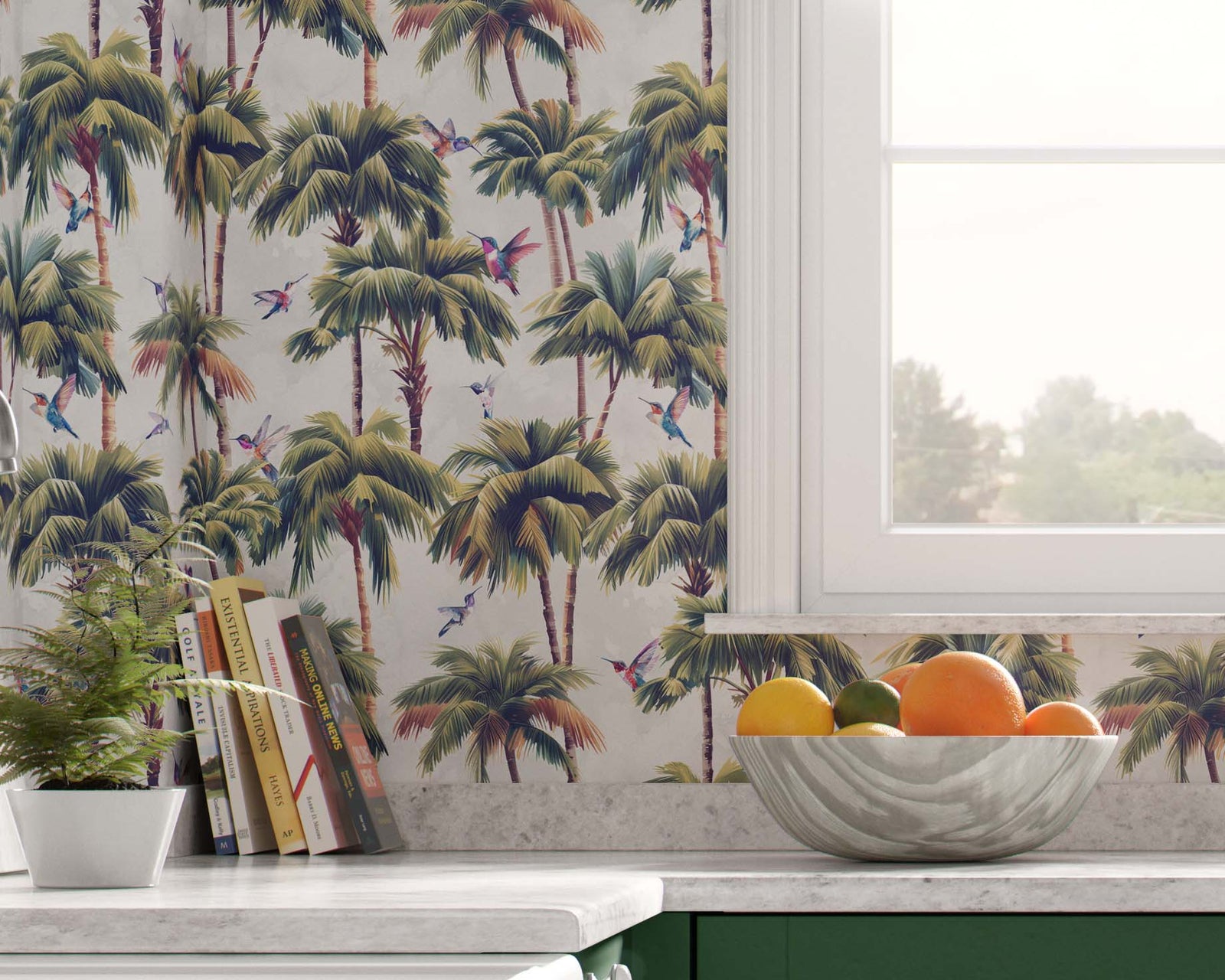light-grey_A roll of wallpaper featuring a tropical pattern with palm trees and birds with a light grey background in a kitchen.