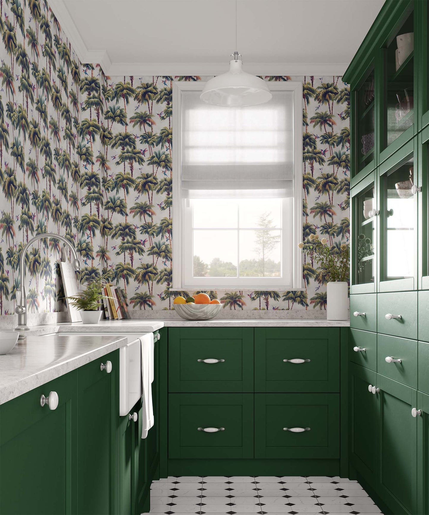 light-grey_A roll of wallpaper featuring a tropical pattern with palm trees and birds with a light grey background in a kitchen.