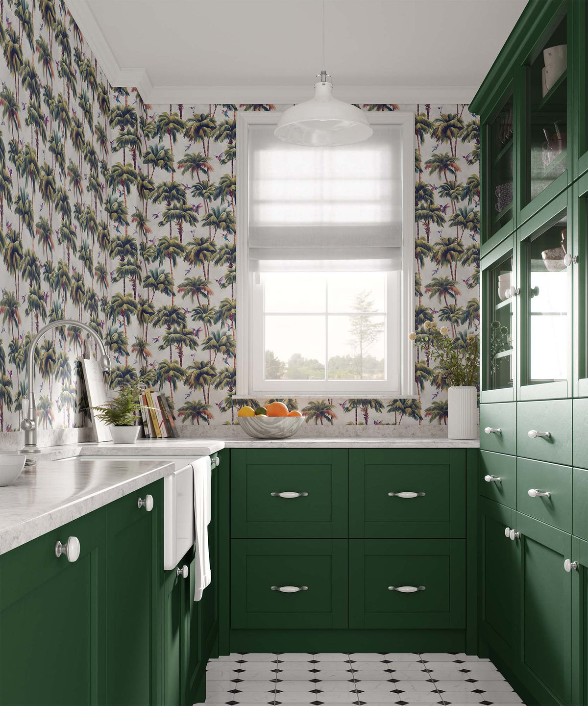 light-grey_A roll of wallpaper featuring a tropical pattern with palm trees and birds with a light grey background in a kitchen.