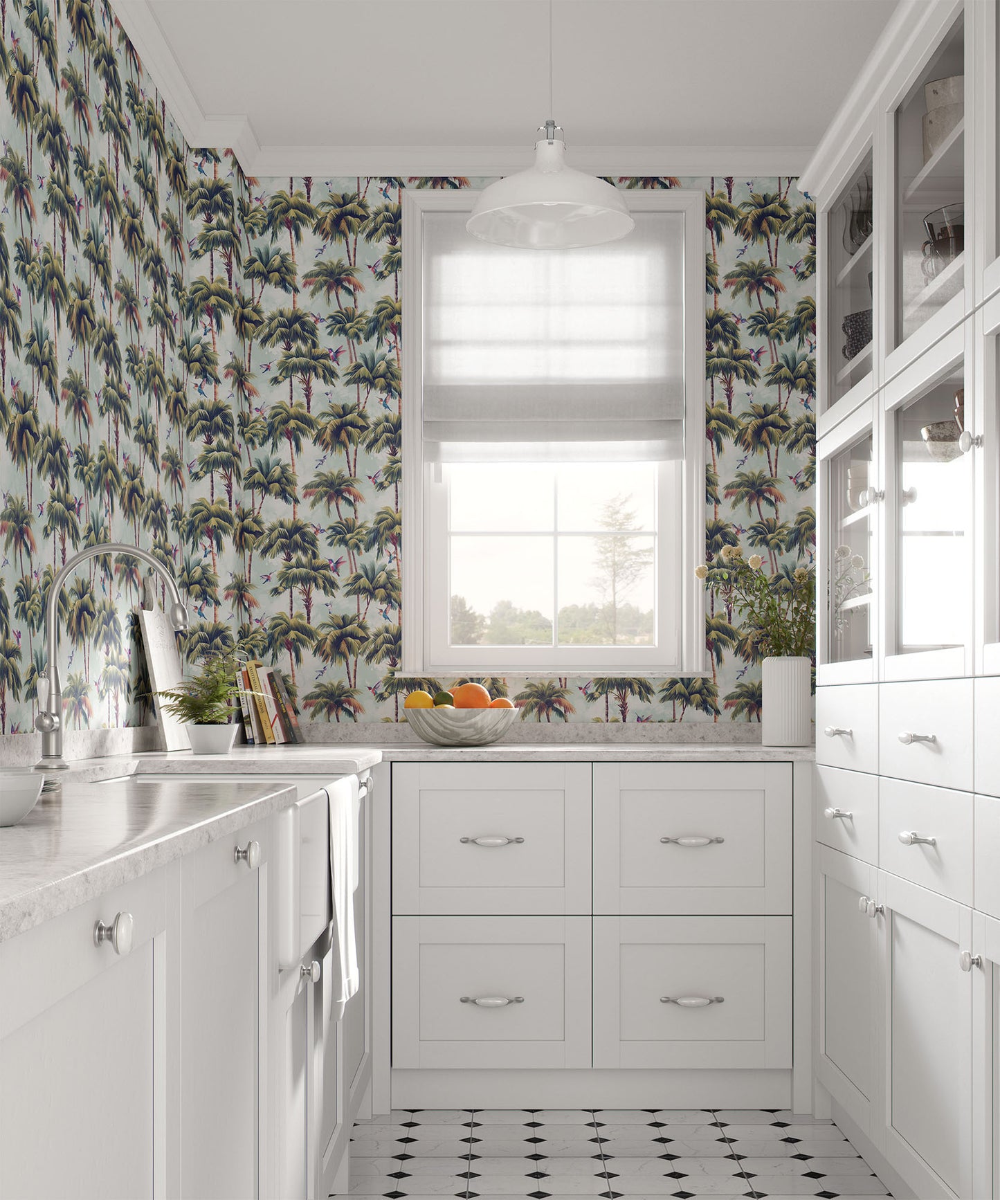 light-teal_A roll of wallpaper featuring a tropical pattern with palm trees and birds with a light teal background in a kitchen.