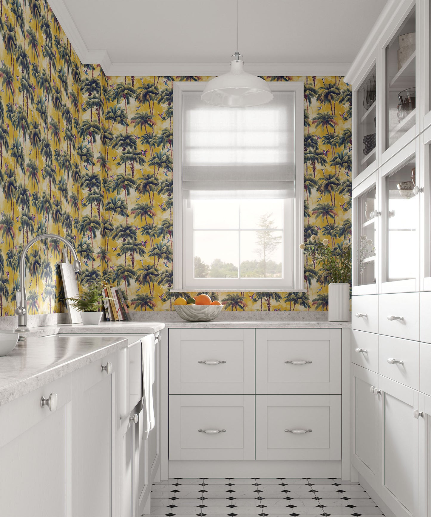 yellow_A roll of wallpaper featuring a tropical pattern with palm trees and birds with a yellow watercolor style background in a kitchen.