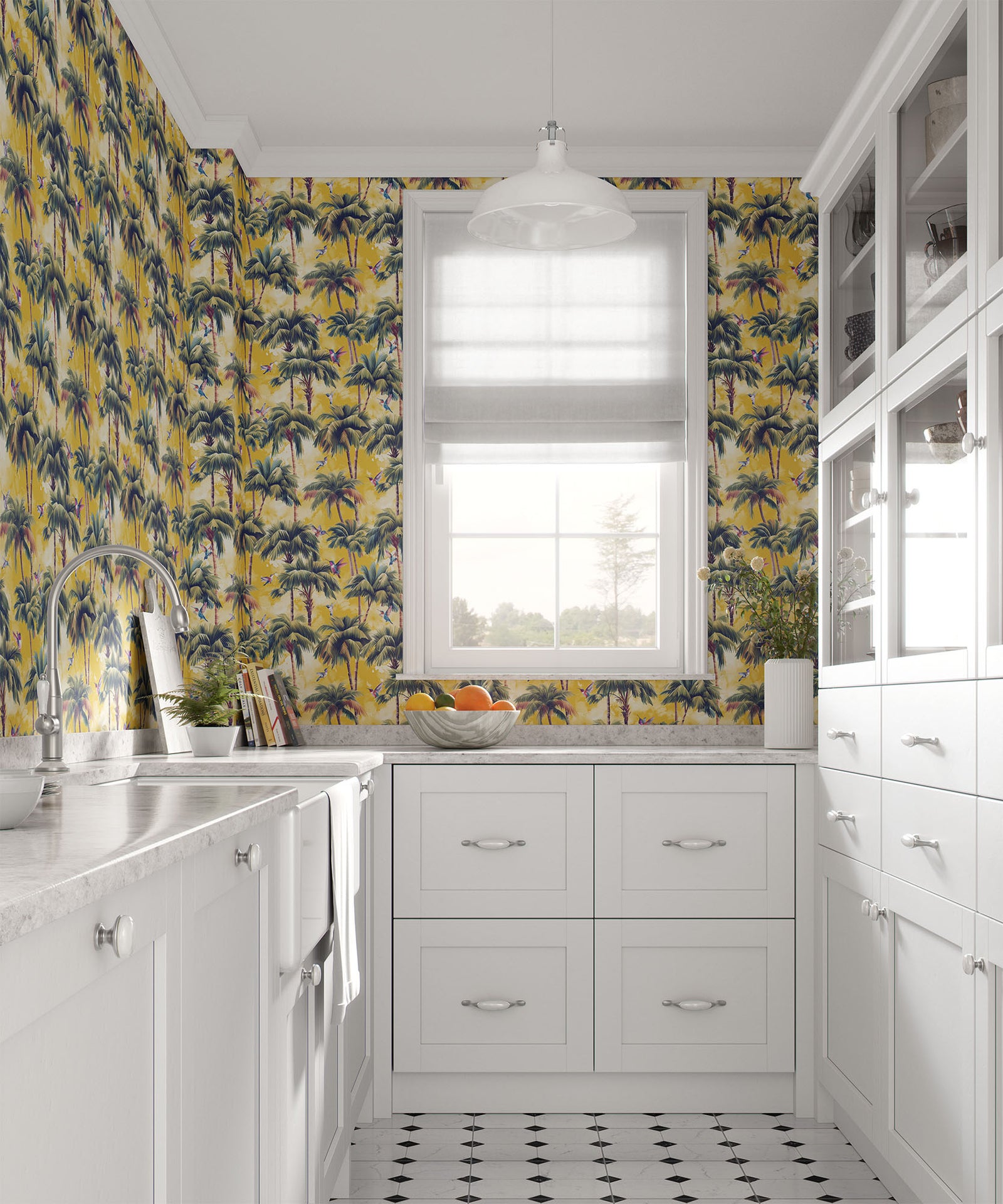 yellow_A roll of wallpaper featuring a tropical pattern with palm trees and birds with a yellow watercolor style background in a kitchen.