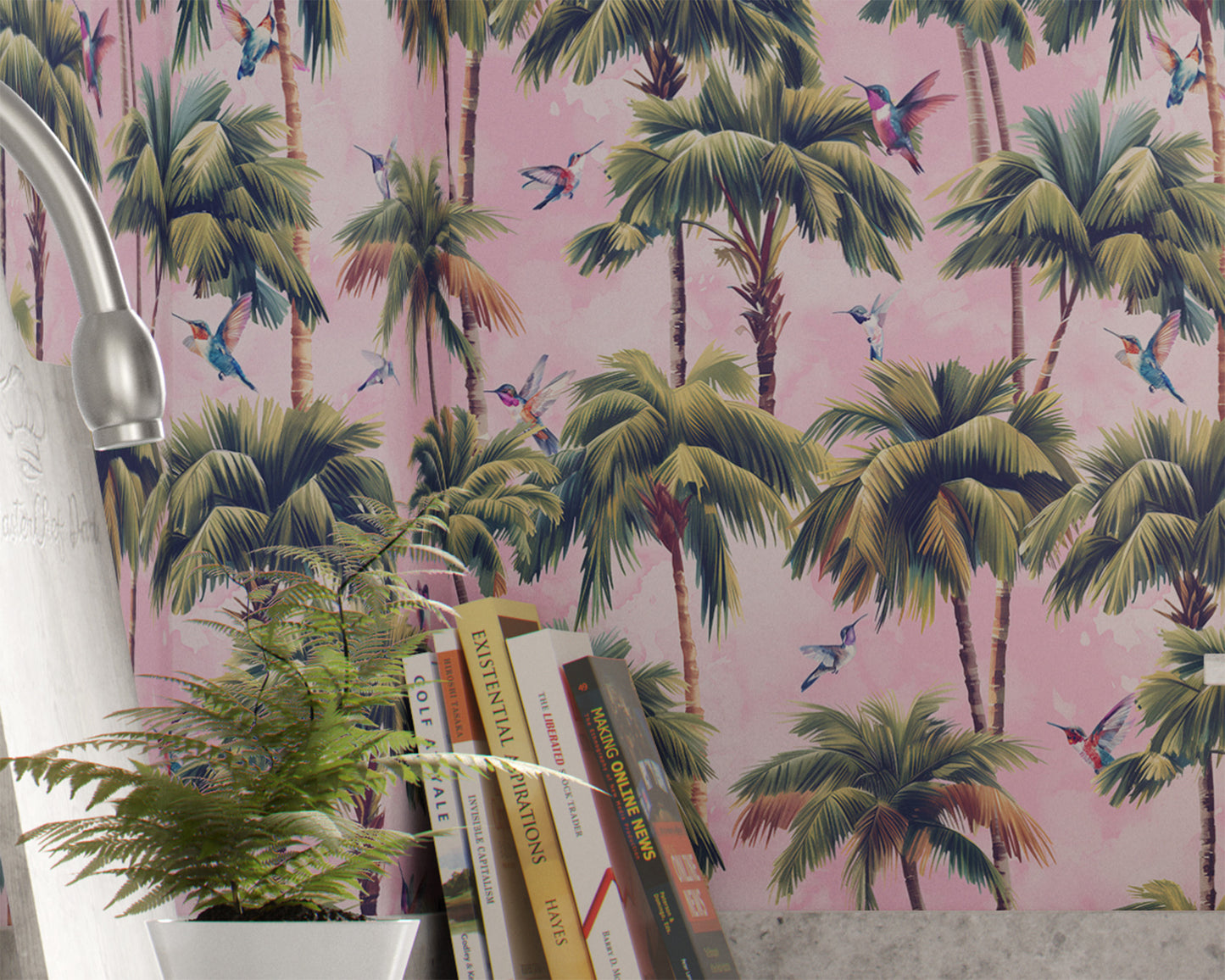 light-pink_A roll of wallpaper featuring a tropical pattern with palm trees and birds with a light pink background in a kitchen.