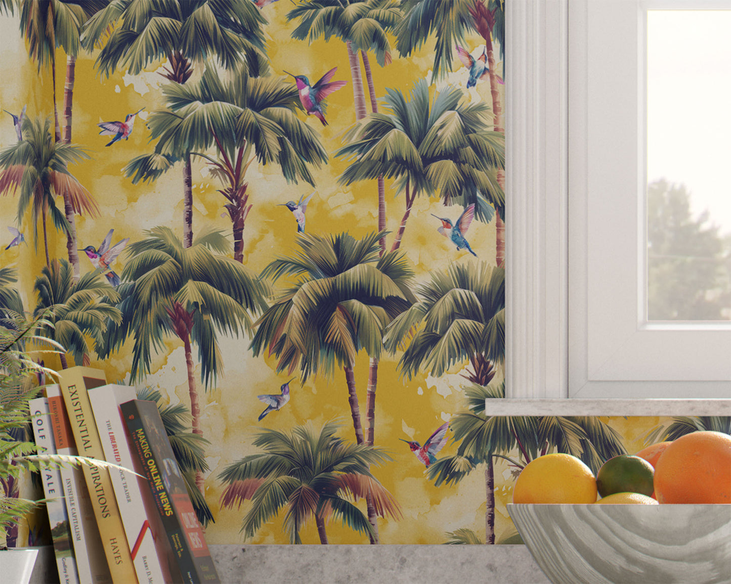 yellow_A roll of wallpaper featuring a tropical pattern with palm trees and birds with a yellow watercolor style background in a kitchen.