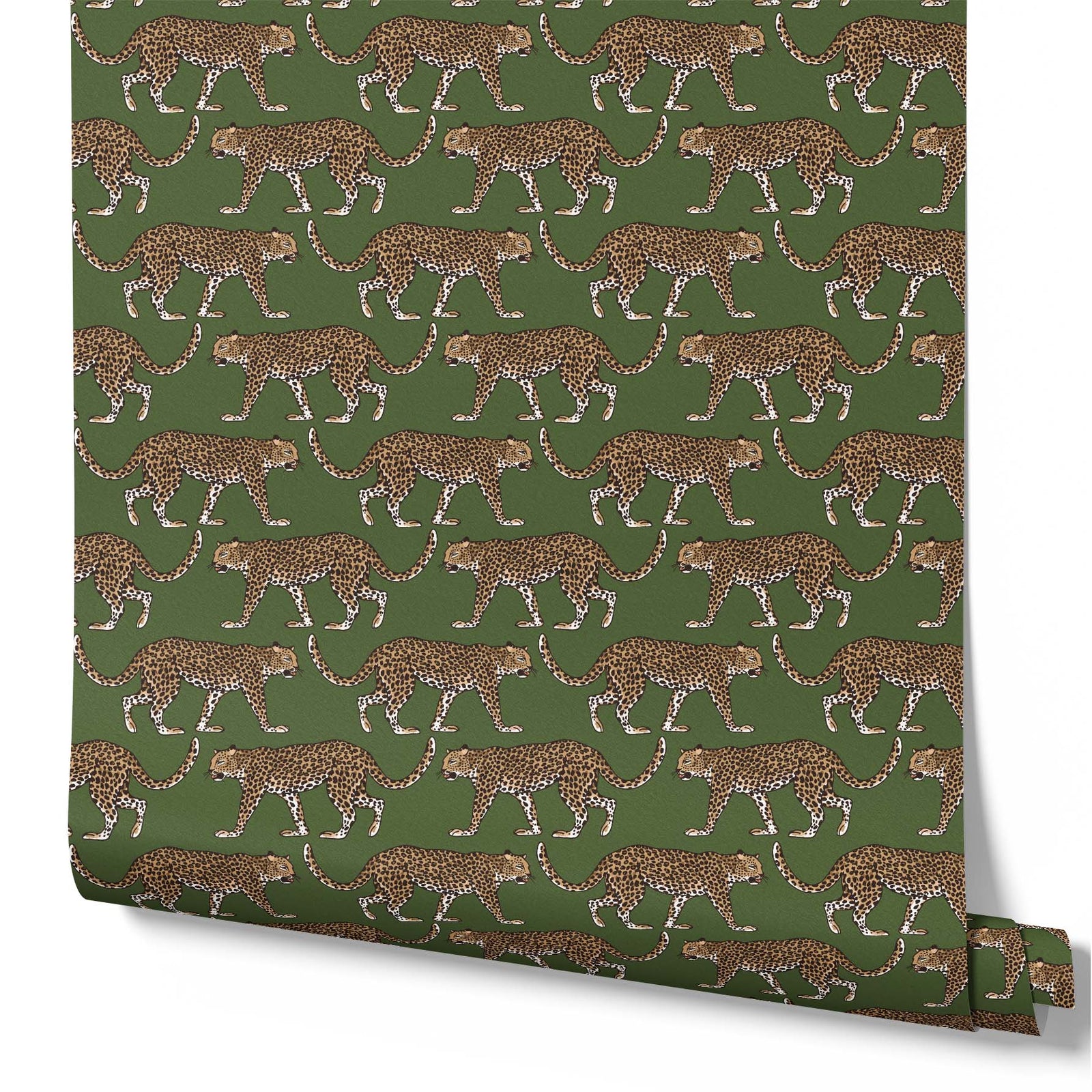dark-green_A wallpaper pattern featuring a repeating leopard print on a green background.