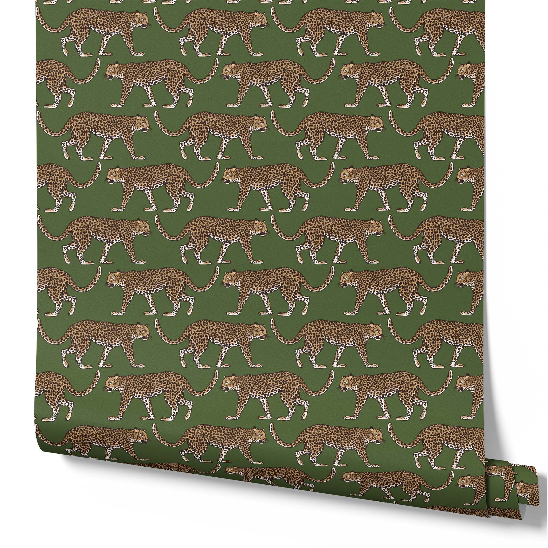 dark-green_A wallpaper pattern featuring a repeating leopard print on a green background.